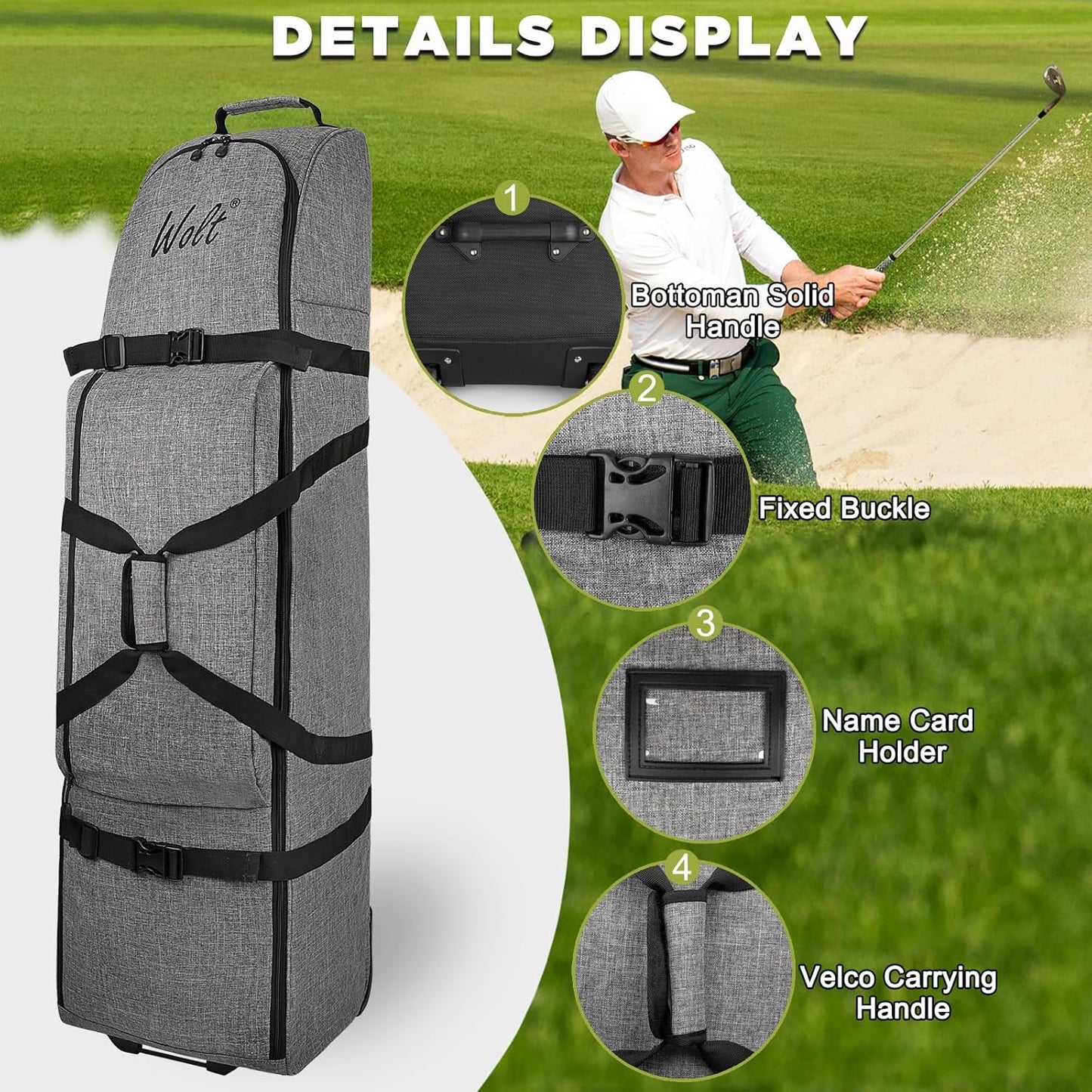 WOLT Golf Travel Bag with Anti-Impact Support System - Soft Padded Golf Travel Case for Airlines, Golf Travel Cover with Wheels