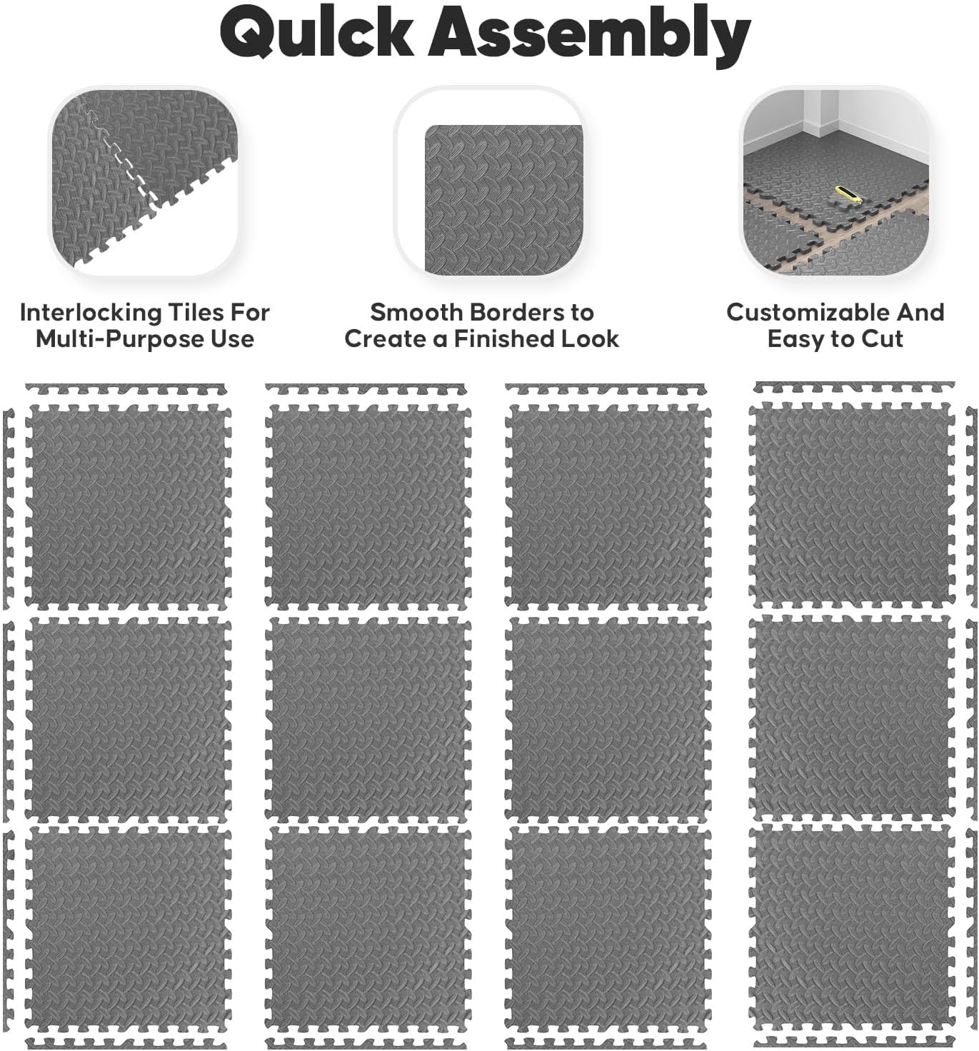 Home Gym Mat, Puzzle Exercise Mat, EVA Interlocking Foam Floor Tiles for Home Workout Equipment and Kids' Play Areas - Blue, 24 in x 24 in x ½ in - (Grey, 24 Pack, 96 SQ FT)