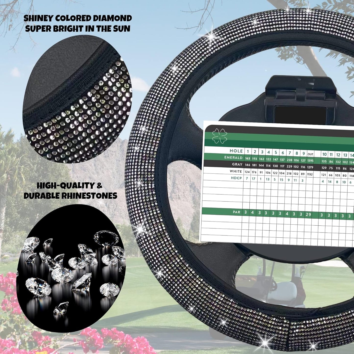 Universal Colorful Bling Crystal Diamond Rhinestones Golf Cart Steering Wheel Cover fits Club Car, Yahama, EZGO, Anti Slip Cover Easy to Install, Great Gifts for Golfer Women Womens (White Diamond)