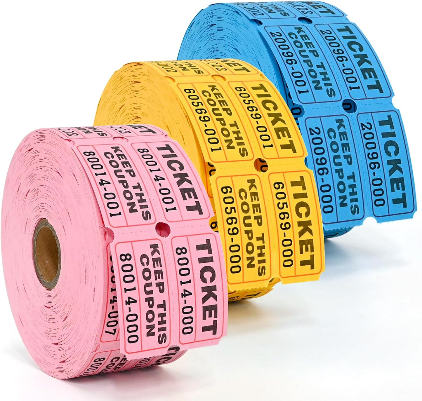L LIKED 3000 Pcs Raffle Tickets - 3 Color Set of 1000 Pcs 2" x 2" Double Roll Consecutively Numbered 50/50 Tickets for Events& Door Prize- Blue/Yellow/Pink