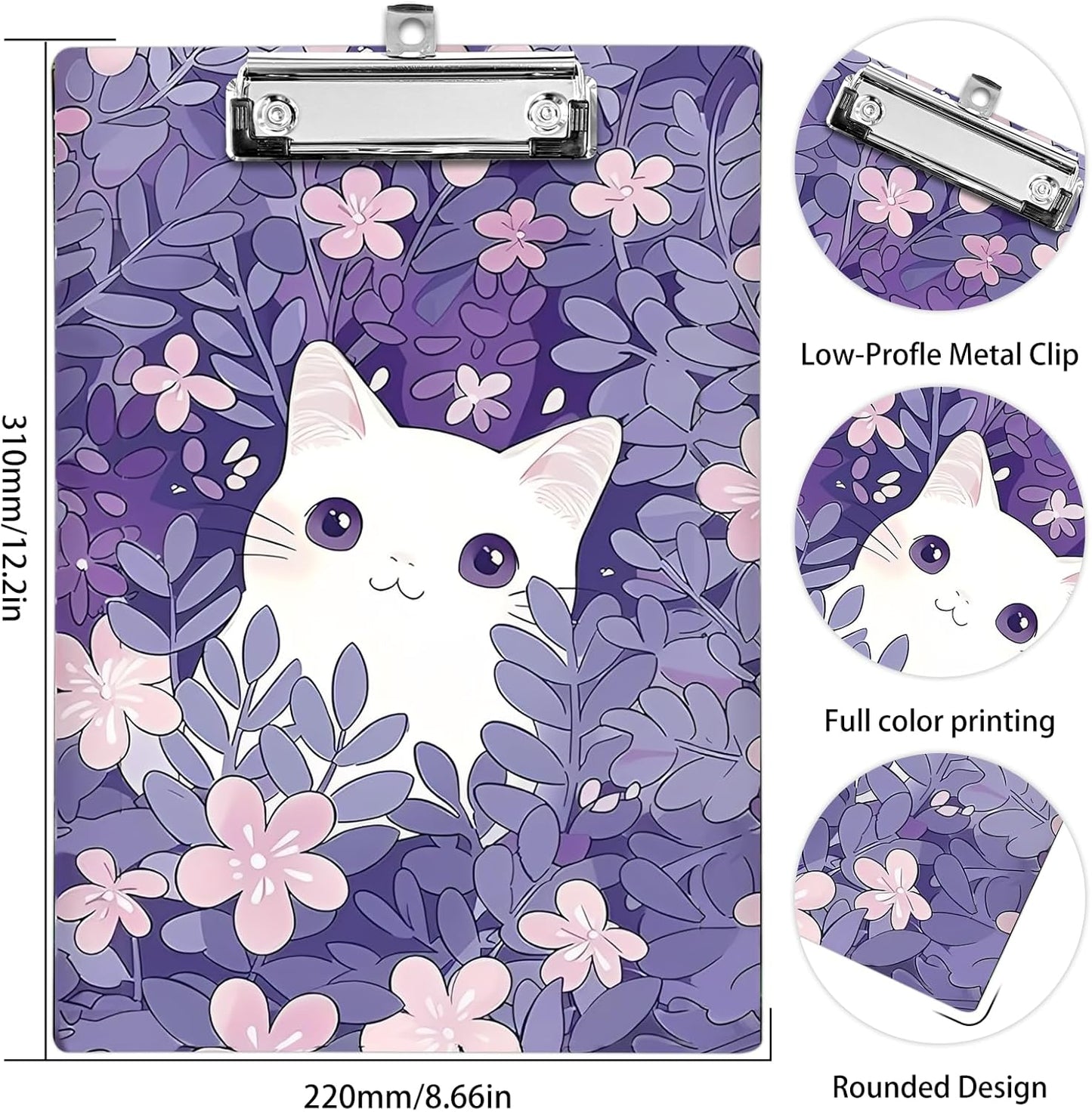 Plastic A4 Clipboards, Cute Fashion Clipboard Decorative, 12.2" x 8.7" Standard A4 Size Clipboards, Plastic Acrylic Clipboard for Teacher, Social Worker, Students,Women, Office Supplies(White Cat)