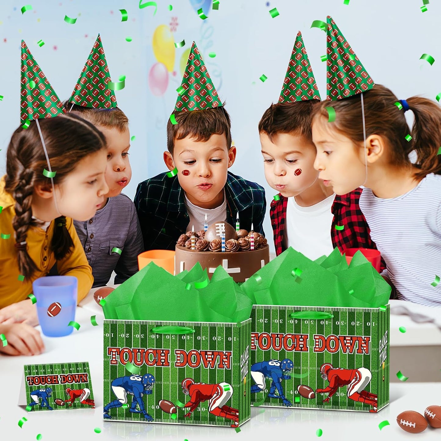 Football Party Gift Bag, Green Football Gift Wrap Bag with Tissue Paper Card Decorations for Sports Party Favor Touchdown Birthday Goodie Gifts Wrapping Bags for Boys Men Team Baby Shower Supplies