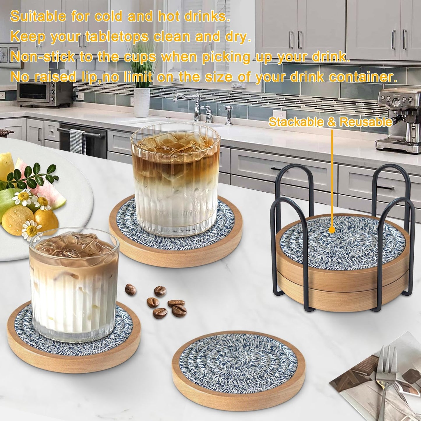 Coasters for Drinks Absorbent Sets of 5, Eykao Woven Coasters with Holder, Housewarming Gift for Farmhouse Home Decor, 4 inches (Mixed Blue)