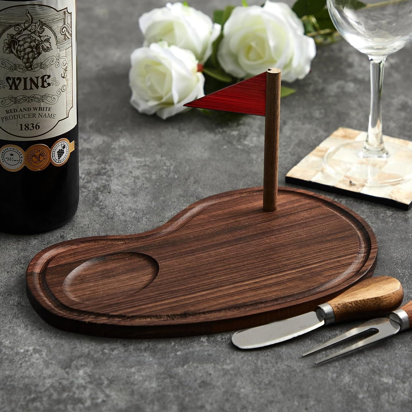 Golf Cheese Board Gift Set Party Favor Prizes Charcuterie Wood Board with Knives and Box Father Day Gift for Dad Grandpa Party Tournament Game(9.8" x 7.7", Walnut Color)