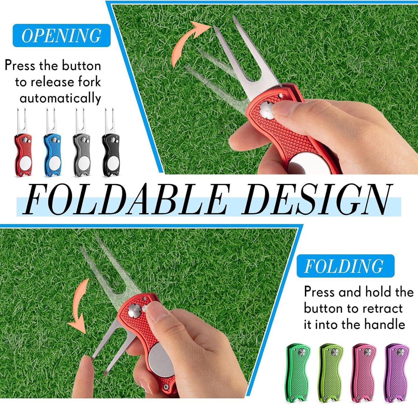 Poen 12 Pcs Golf Divot Tool Golf Repair Tool with Magnetic Ball Marker and Popping Button Metal Foldable Switchblade Repair Fixer for Golfers Prizes