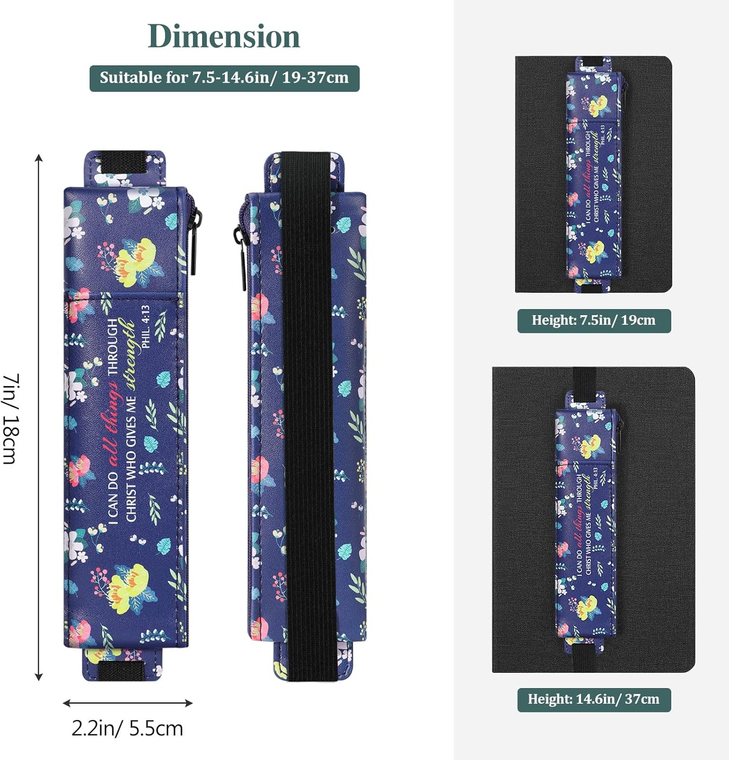 MoKo Elastic Pen Holder for Notebook, 4 Pieces PU Leather Pencil Case with Pocket Adjustable Band, Stationery School Supplies Zipper Bag for Planners, Journals, Book