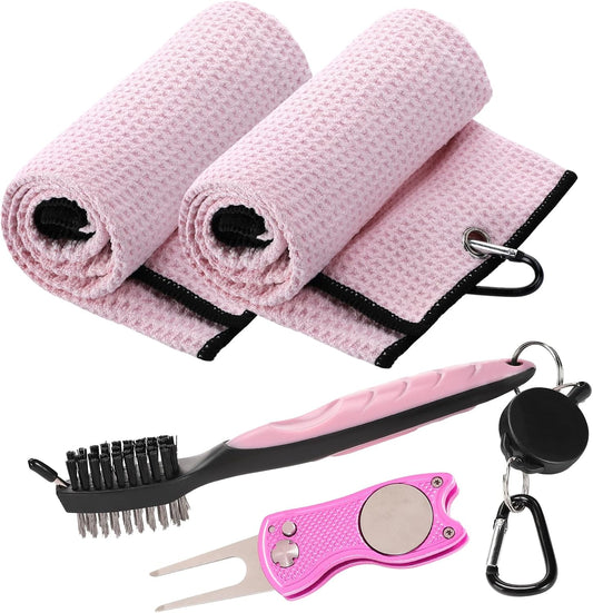 Aulock Golf Towel and Brush Set, Microfiber Towels for Golf Bags, Women Cleaning Kit with Ball Marker Golf Divot Tool Brush, Pink