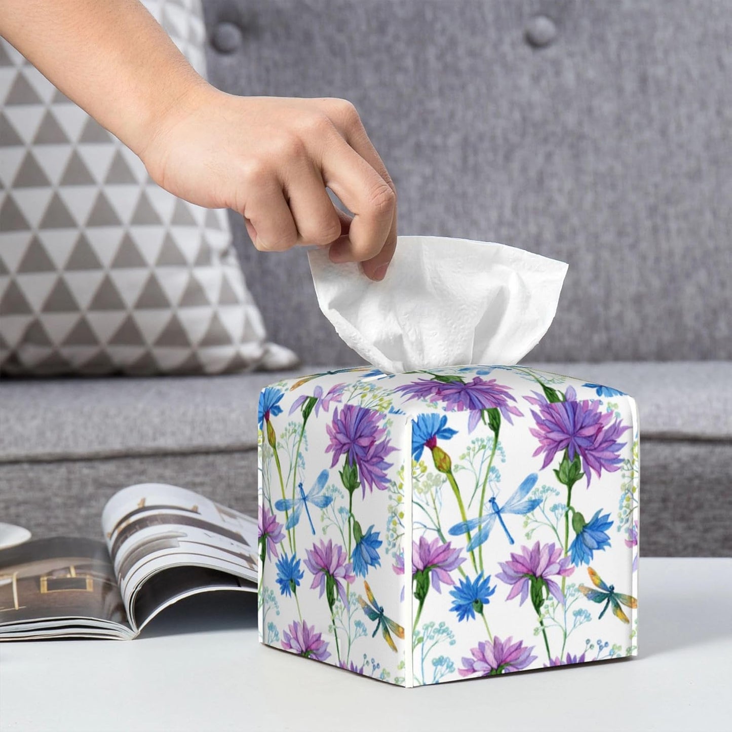Watercolor Flowers and Dragonflies Tissue Box Cover Square,Purple Blue Floral Tissue Box Holder Waterproof Leather Facial Paper Organizer Dispenser for Bathroom Home Car Nightstand Vanity Desk
