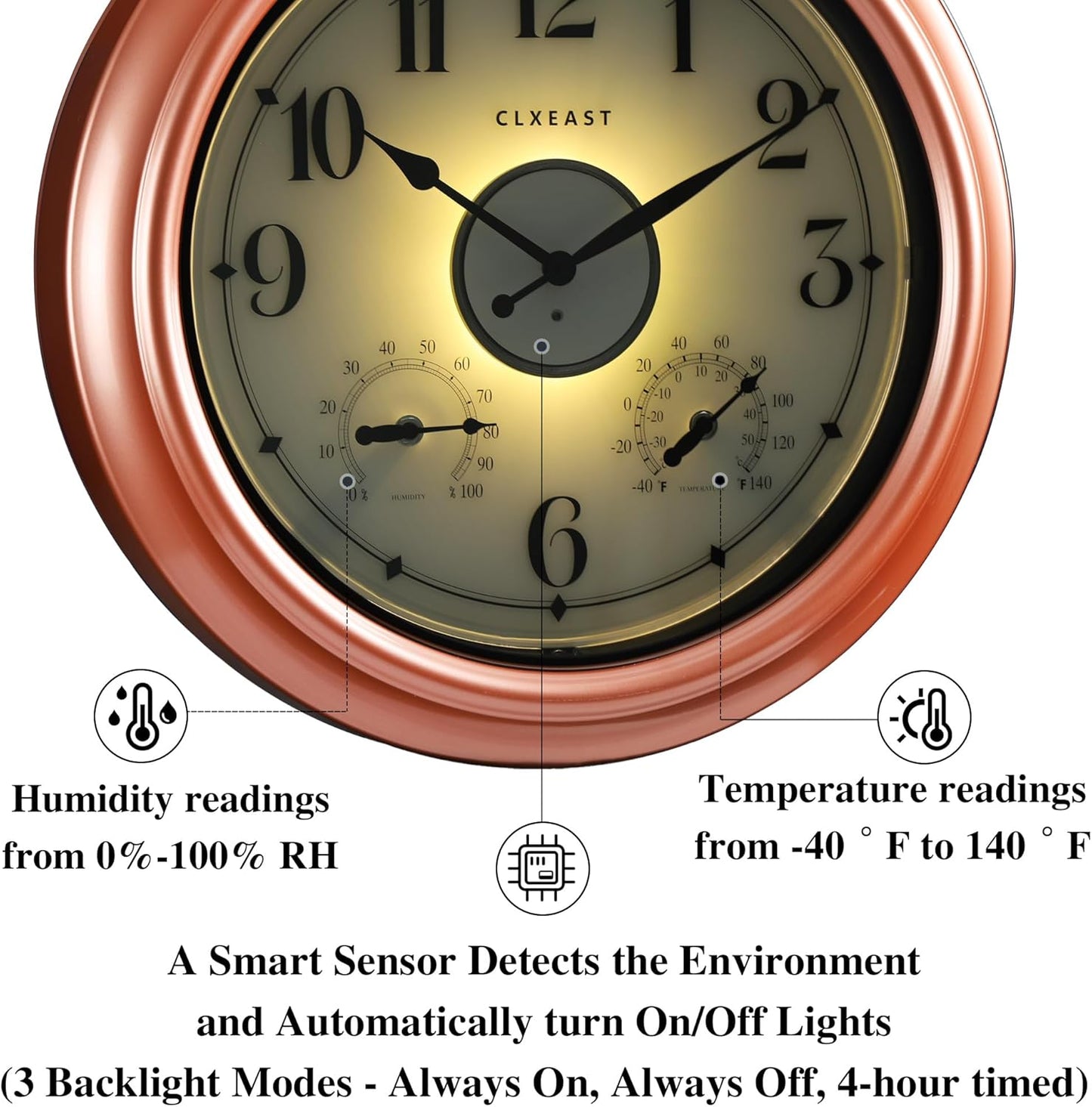 CLXEAST 18 Inch Illuminated Outdoor Indoor Clocks with Smart Sensor,Modern Farmhouse Lighted Wall Clock with Temperature and Humidity for Patio, Garden Decor,Copper/Rose Gold Finish