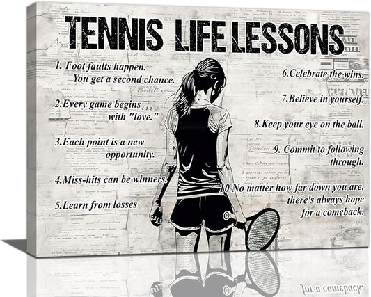 Tennis Sports Wall Art Tennis Life Lessons Wall Decor Tennis Sign Retro Poster Boy Girls Men Room Motivational Decorations Canvas Print Painting Artwork for Bedroom Bathroom Living Room 16"x12"