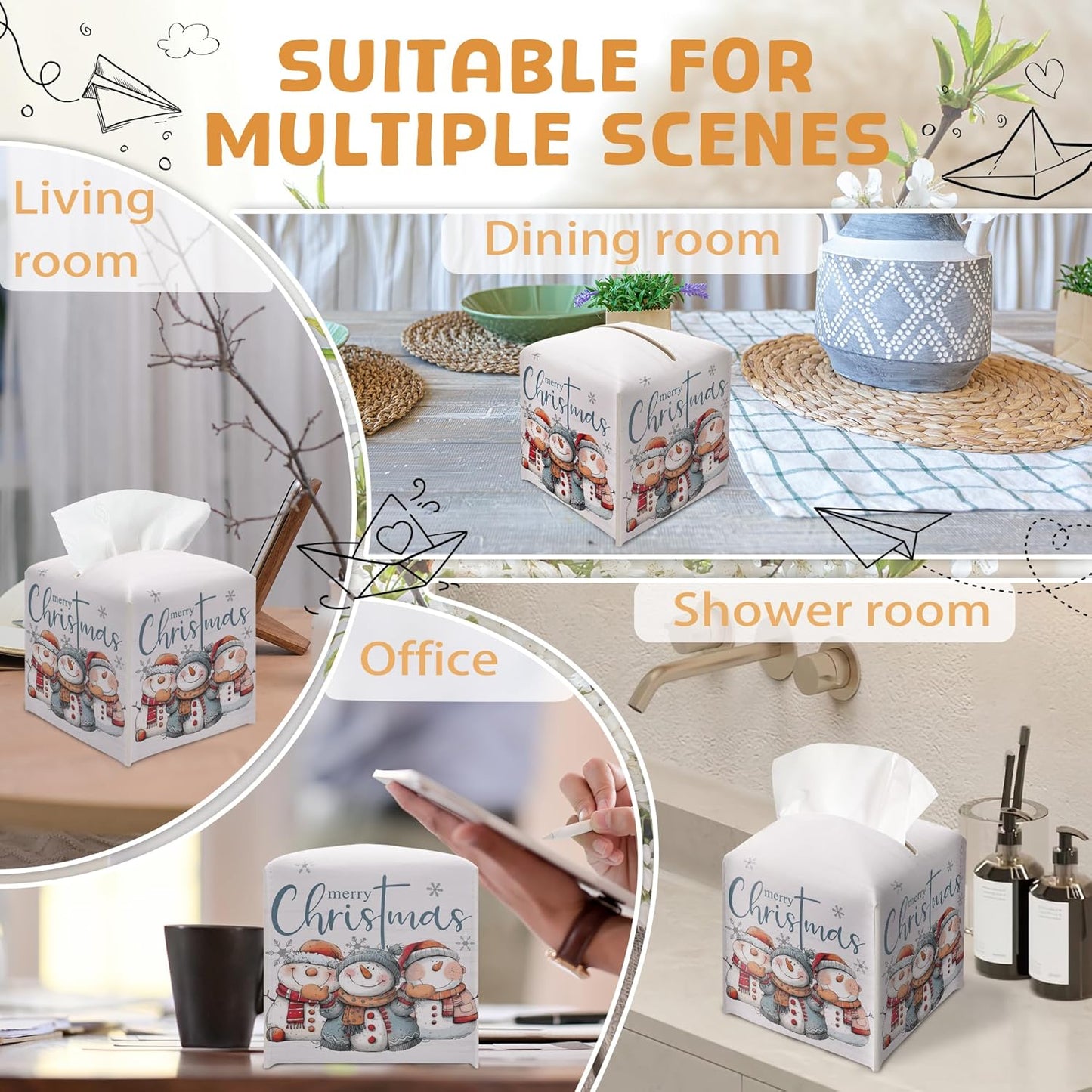 Christmas Snowman Tissue Box Holder, Cute Snowman Family Christmas Leather Tissue Box Cover Square, Paper Facial Decorative Tissues Cover for Night Stands Bathroom Office Home Decor-B03