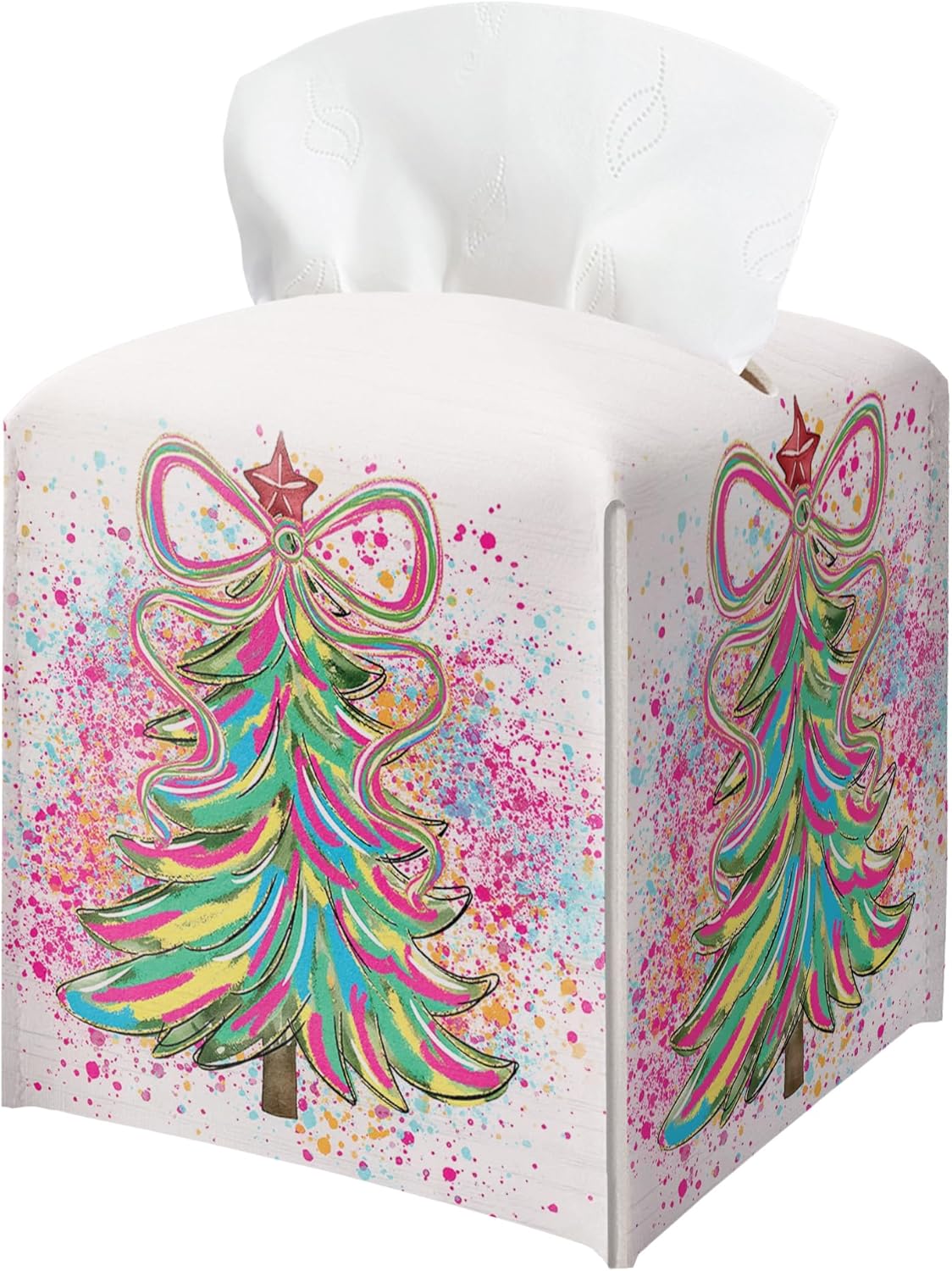 Christmas Tree Tissue Box Holder, Colorful Christmas Tree Leather Tissue Box Cover Square, Paper Facial Decorative Tissues Cover for Night Stands Bathroom Kitchen Office Home Decor-B01
