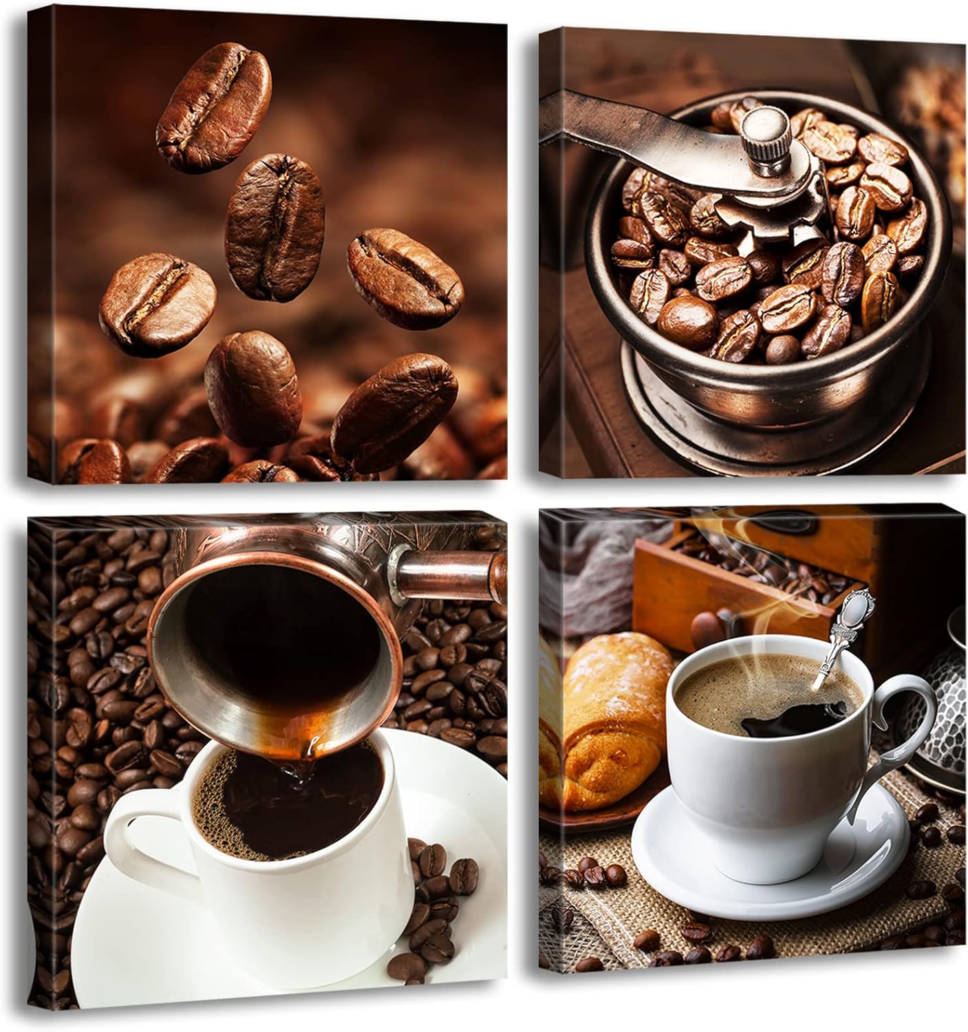 Kitchen Wall Art Coffee Decor Canvas Prints Coffee Cup Latte Mocha Cafe Drinking Pictures Brown 4 Panel Modern Artwork for Dining Room Restaurant Bar Decorations 12"Wx12"Hx4 Framed Ready to Hang