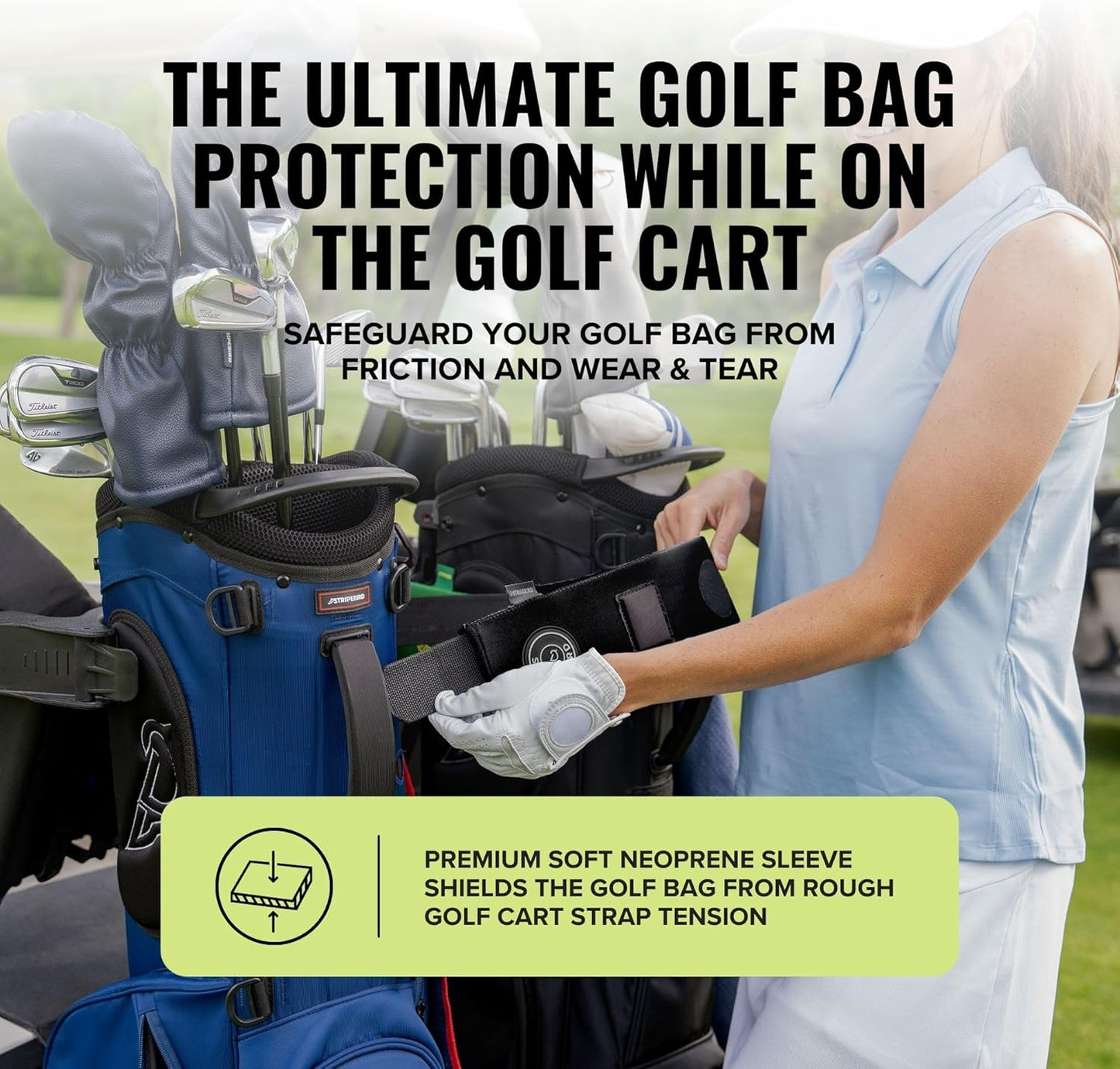 Stripebird - Premium Golf Cart Strap Sleeve Protector - Save Your Golf Bag from Golf Cart Straps - Includes Magnetic and Steel Plate for Magnetic Golf Accessories