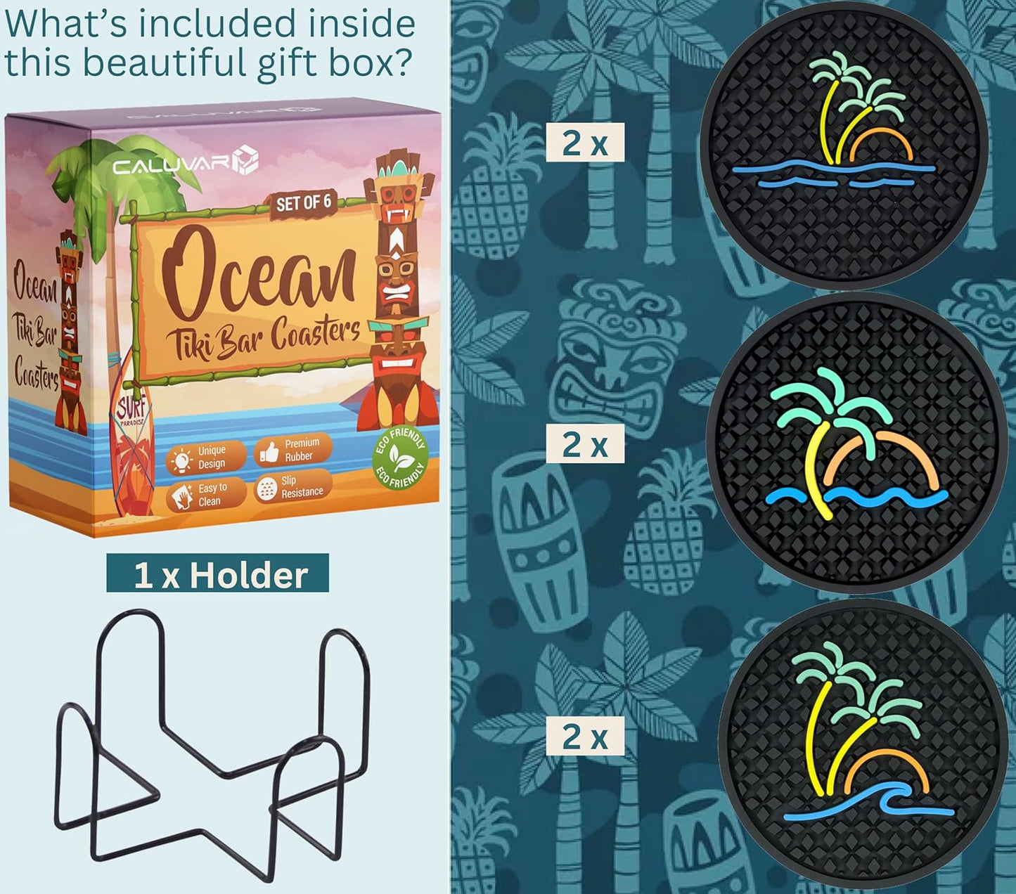 Tiki Bar Ocean Beach Coasters Set of 6 with Holder, Tiki Bar Decor Silicone Nautical Coasters, Hawaiian and Luau Decorations, Beach Theme Coastal Decor, Tropical Chill and Surf Waves Styles