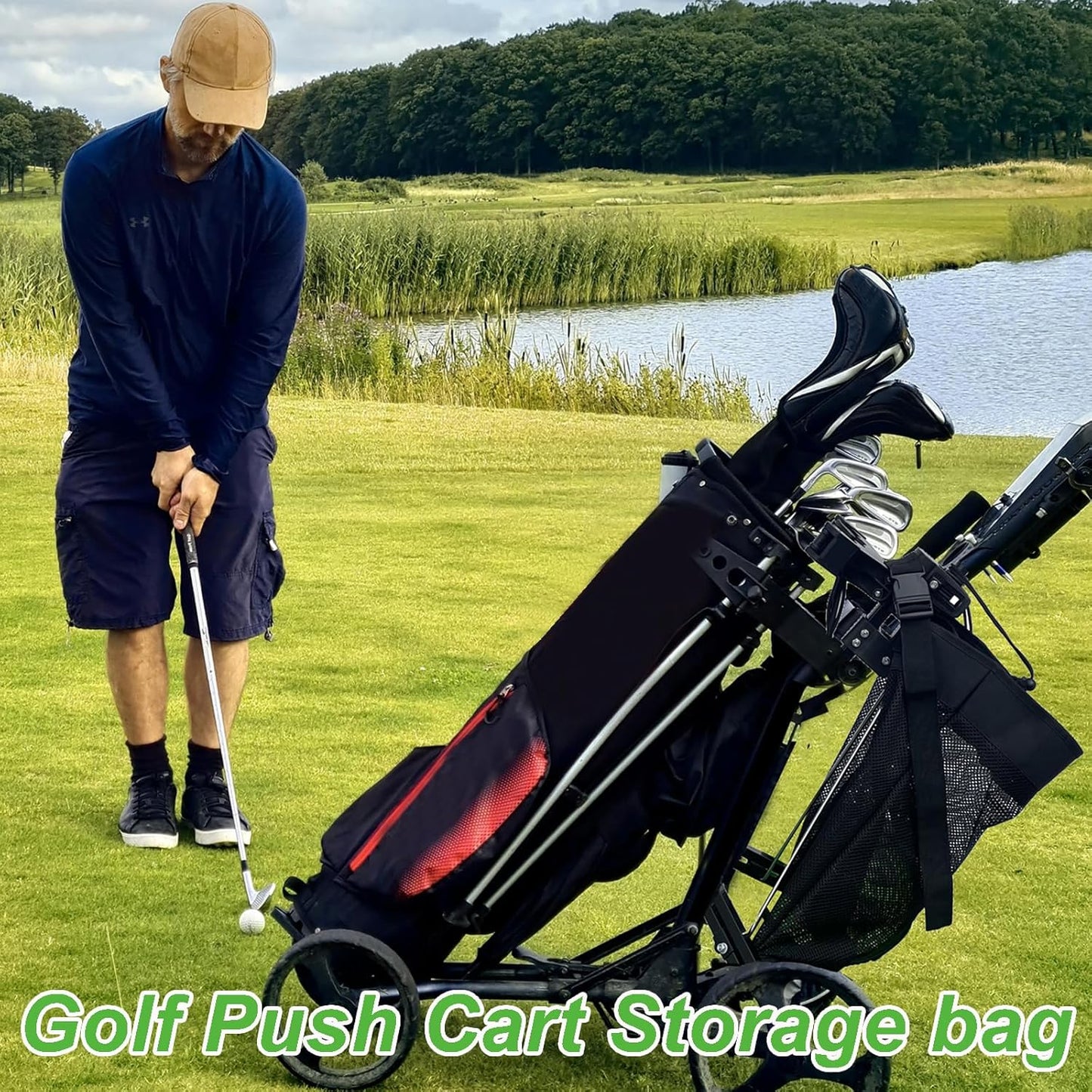 Golf Push Cart Storage Bag and Organizer - Mesh Closure Net Accessories for Cart
