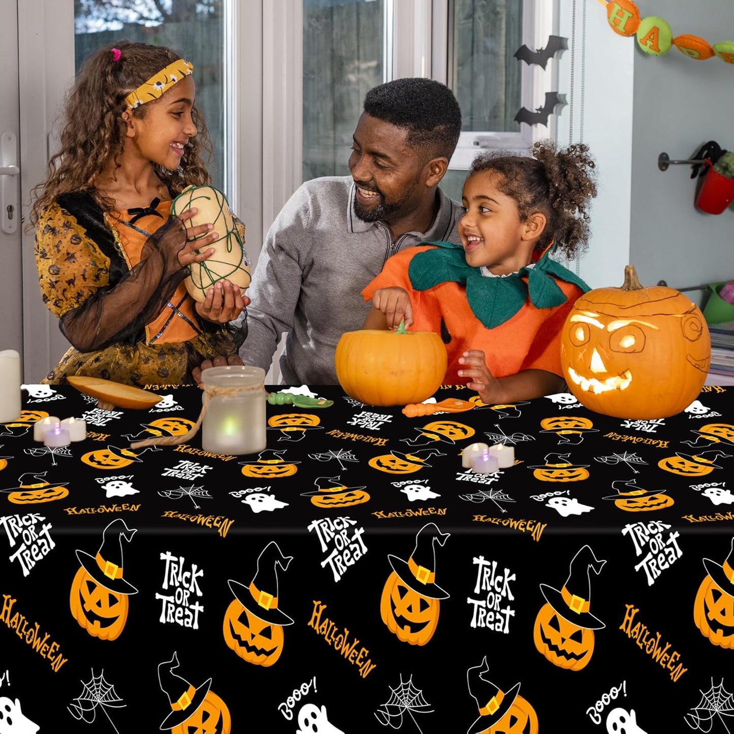 QZYL 4 Pack Halloween Coloring Tablecloth, 54" x 108" Pumpkin Decorations, Purple Disposable Table Cloth Black Plastic Tablecover, Halloween Party Decor Supplies Indoor Outdoor