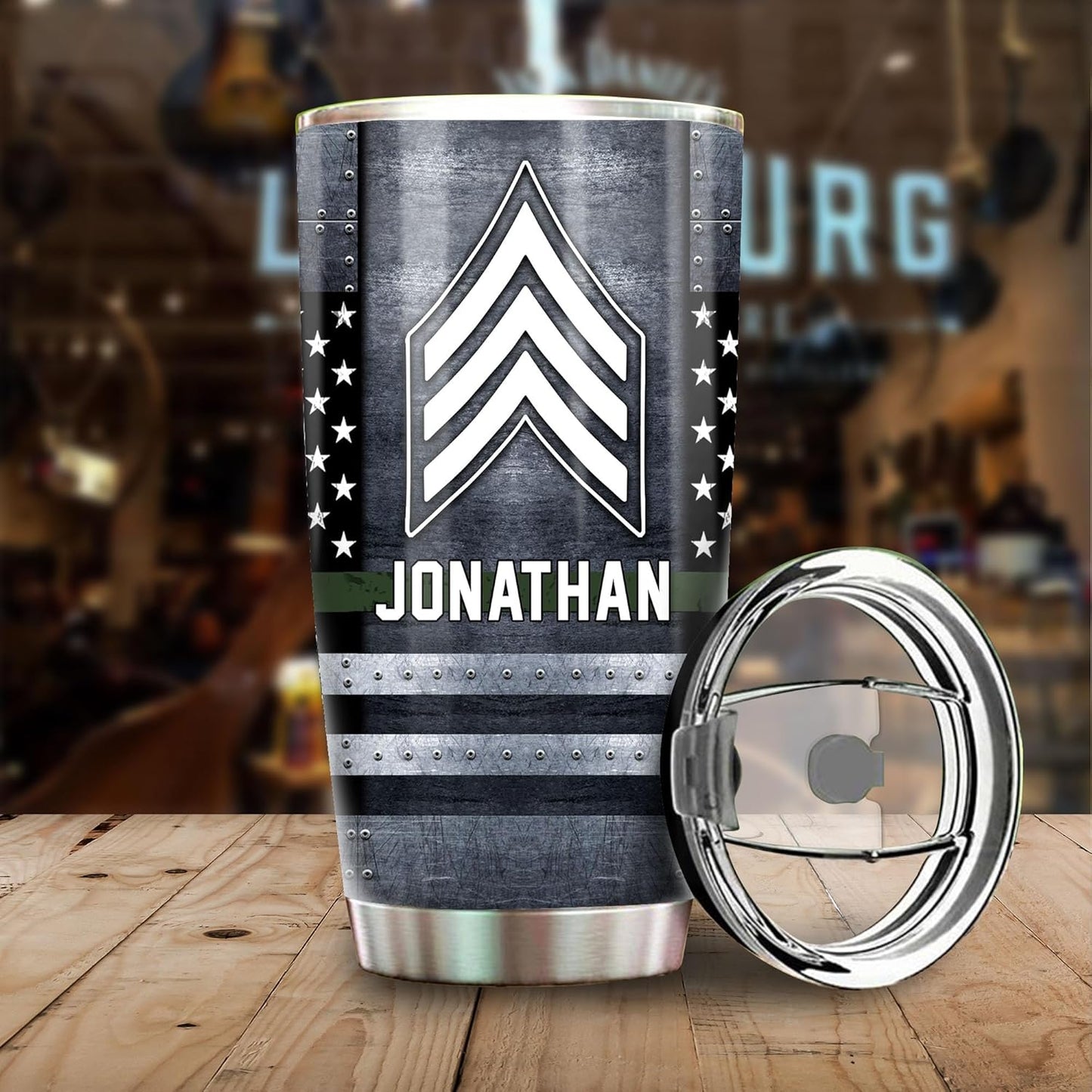 Custom Name Badge Army Tumbler - Military Soldier Veteran Thin Line American Flag Tumbler - US Army Academy Graduation Retirement Birthday Gifts - 20oz Tumbler With Lid