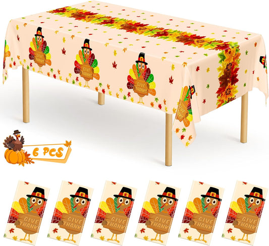 6 PACK Thanksgiving Disposable Tablecloths, 54" x 108" Fall Plastic Tablecloth, Maple Leaves Turkey Table Cloth Rectangle Tablecover, Thanksgiving Table Decorations Harvest Decor Fall Party Supplies
