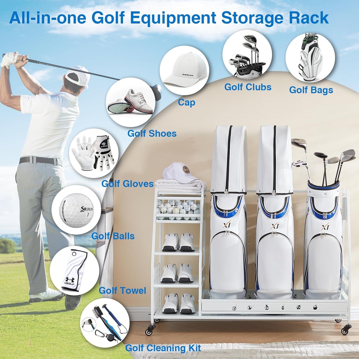 Lauren&Harold Golf Bag Organizer Garage Storage, Golf Storage Rack Stand Fits 2 Golf Bags, Golf Clubs and Other Golfing Equipment Accessories, Golf Organizer for Garage, Club, Shed, Basement