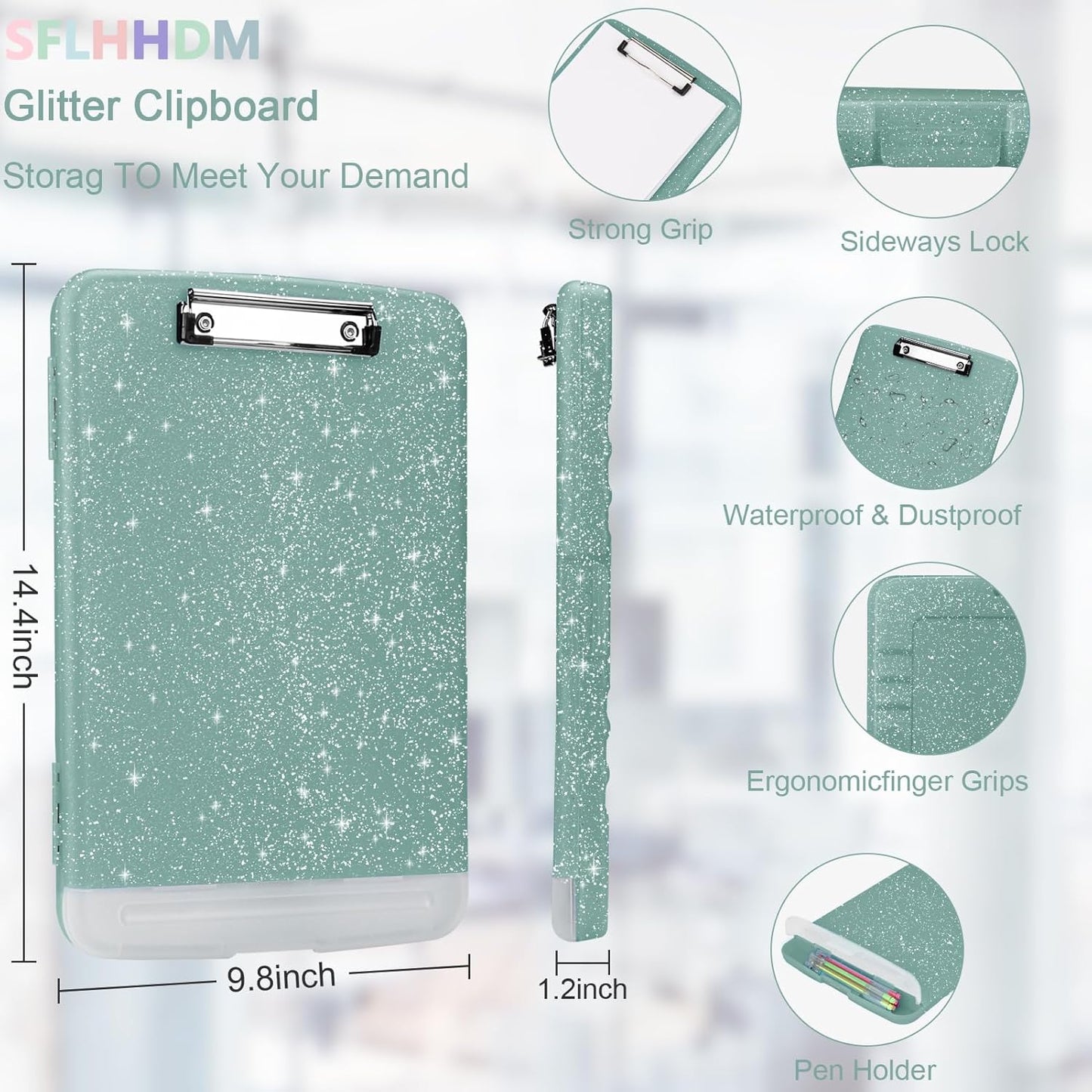 Glitter Clipboard with Storage,Storage Clipboard with Pen Holder,A4 Binder Clip Boards 8.5x11 with Low Profile Clip,Side Opening Sparkle Clipboards, Clipboards Folder for Office Supplies-Grayish Green