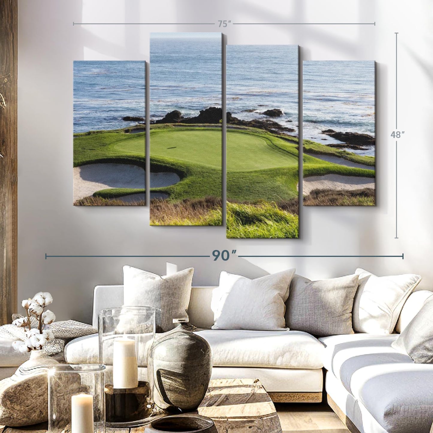 Elephant Stock Pebble Beach Golf Turf Wall Art - Horizontal Canvas - 4-Piece Hallway Wall Decor - Photographic Canvas Print - Brown and Blue Decor for Wall - 75" X 48"