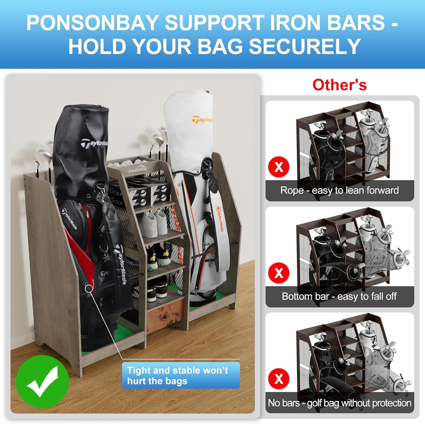 Golf Bag Storage Organizer for Garage, Premium Wooden 2 Golf Bags Rack with Drawer, Easy Assemble Golf Club Stand/Holder Suitable for Garage Home Simulator and Office