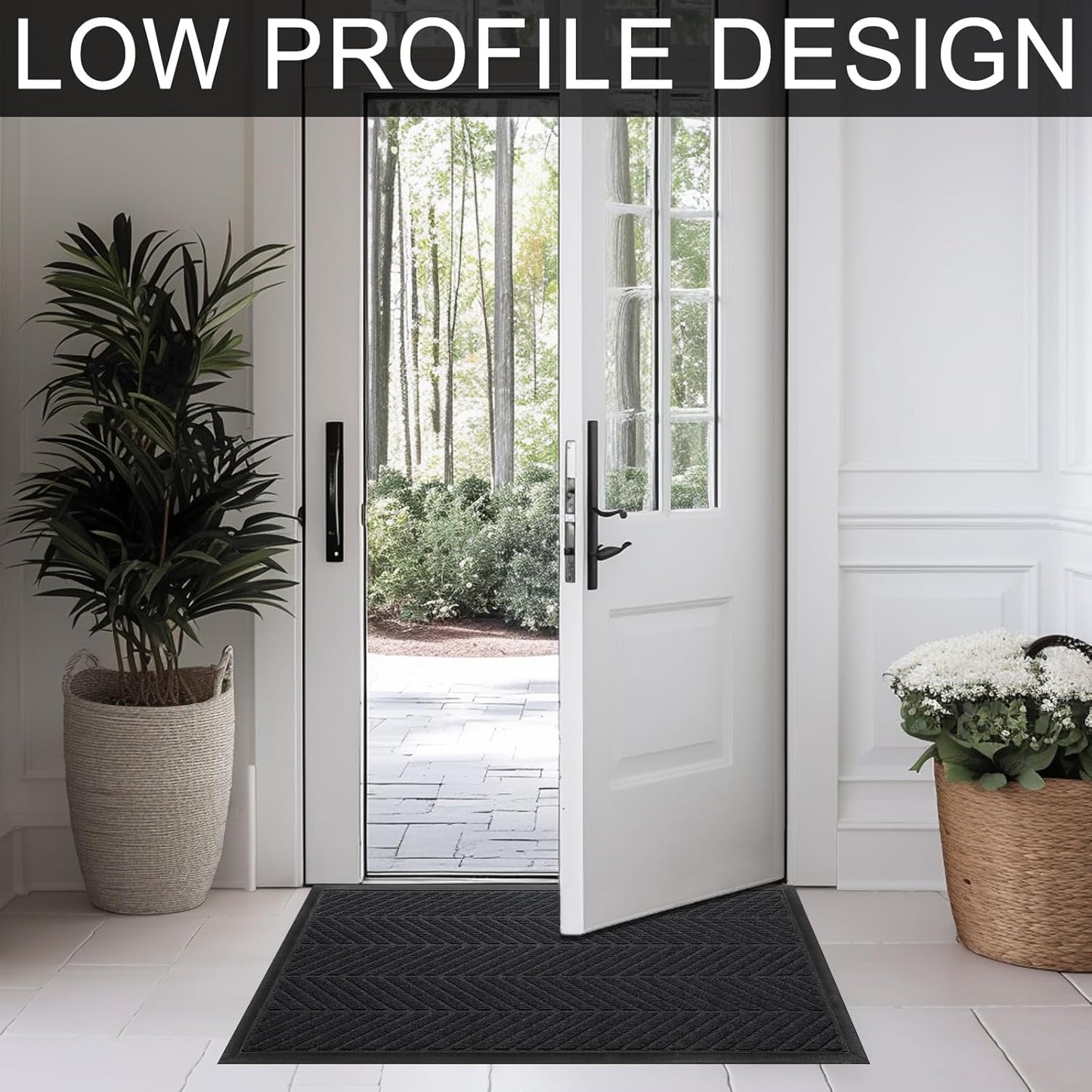 Front Door Mat 29.5"x17" Indoors Outdoors Welcome Mats, Waterproof Non-Slip Rubber Backing Heavy Duty Doormat Outside Entrance, Low Profile Entryway Rugs Floor Mat for Patio, Pattern A Black