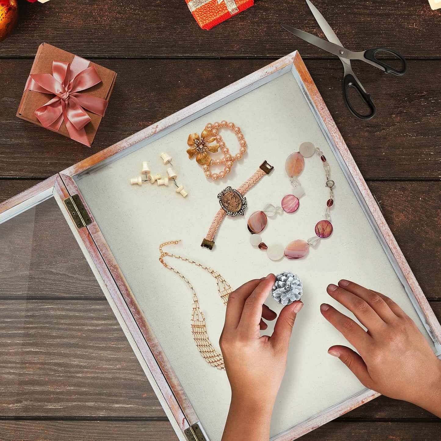 TJ.MOREE Flowers Shadow Box Display Case 13 x 16 Vintage Large Shadow Box Frame with Glass Window Door Farmhouse Deep Picture Frame Wedding Bouquet Memorabilia Photos Memory Box - White Pink