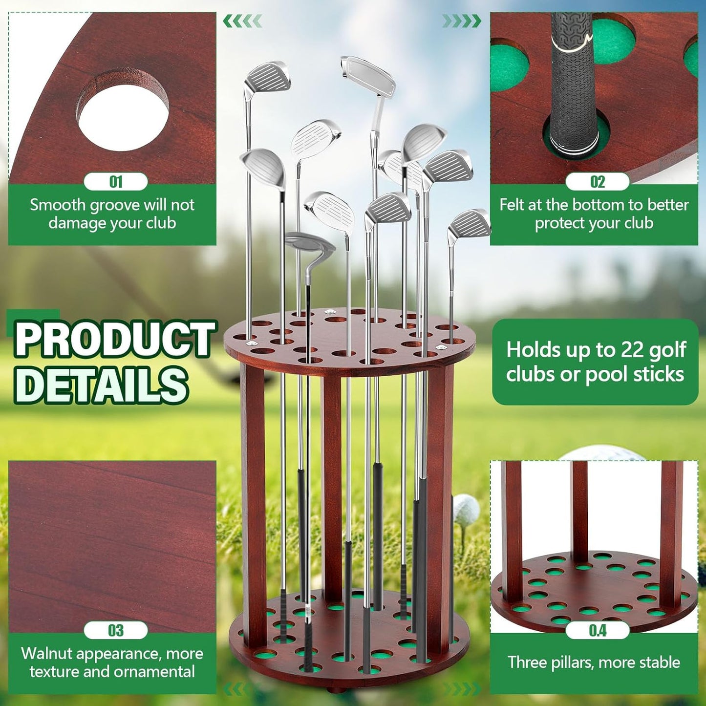 Wooden Golf Club Display Rack Pool Stick Holder Putter Stand for 22 Multiple Golf Club Organizer for Home Office