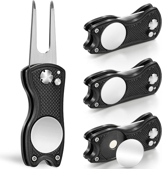 Mile High Life Golf Divot Repair Tool, All Metal Foldable Divot Tool with Pop-up Button & Magnetic Ball Marker, 2-6 Pack