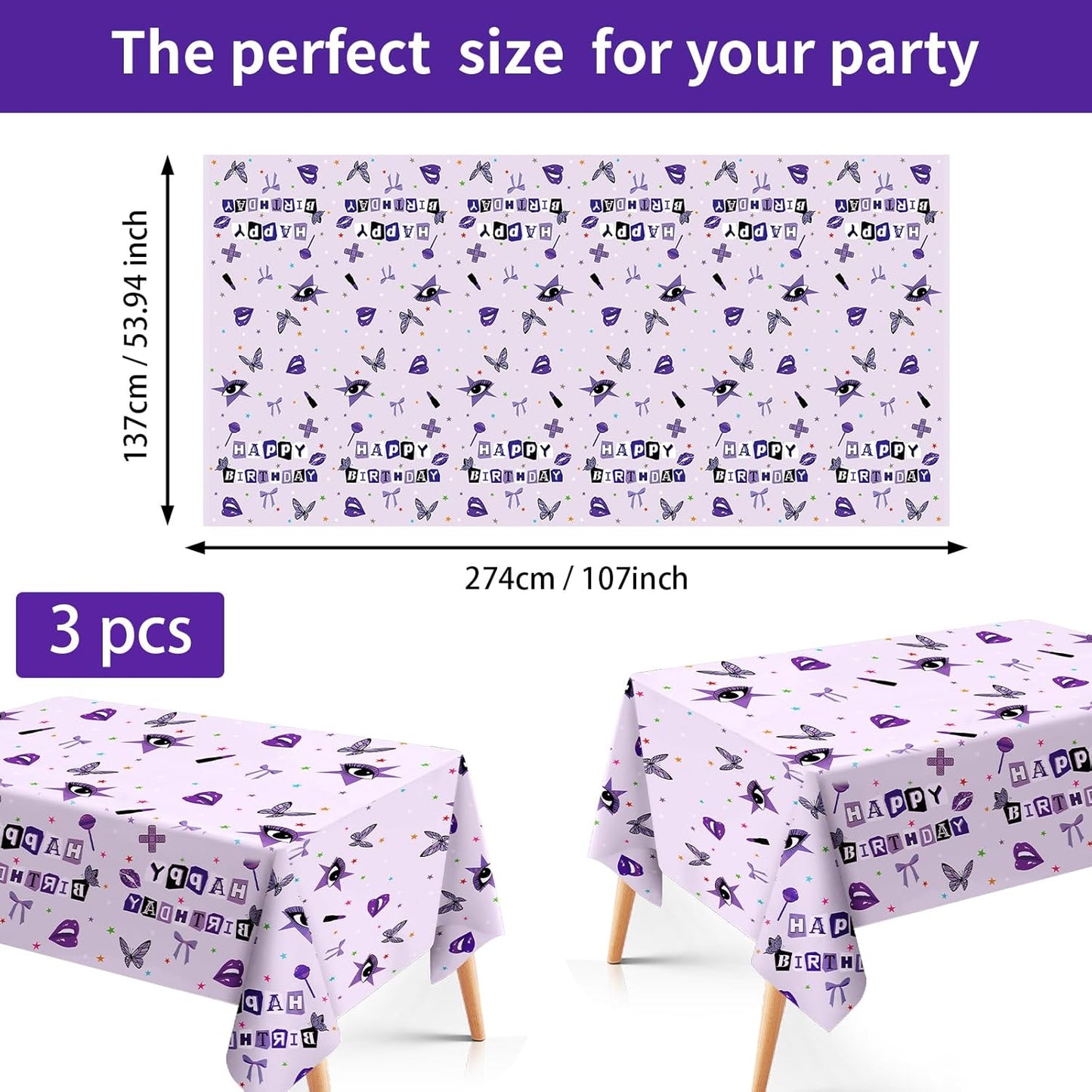 Grencian 3Pcs Purple Pop Music Tablecloth Table Cover Plastic Rectangle Table Cloth Music Theme Party Decorations for Girls Vocalist Tour Concert Fans Gathering Party Supplies 54" x 108"