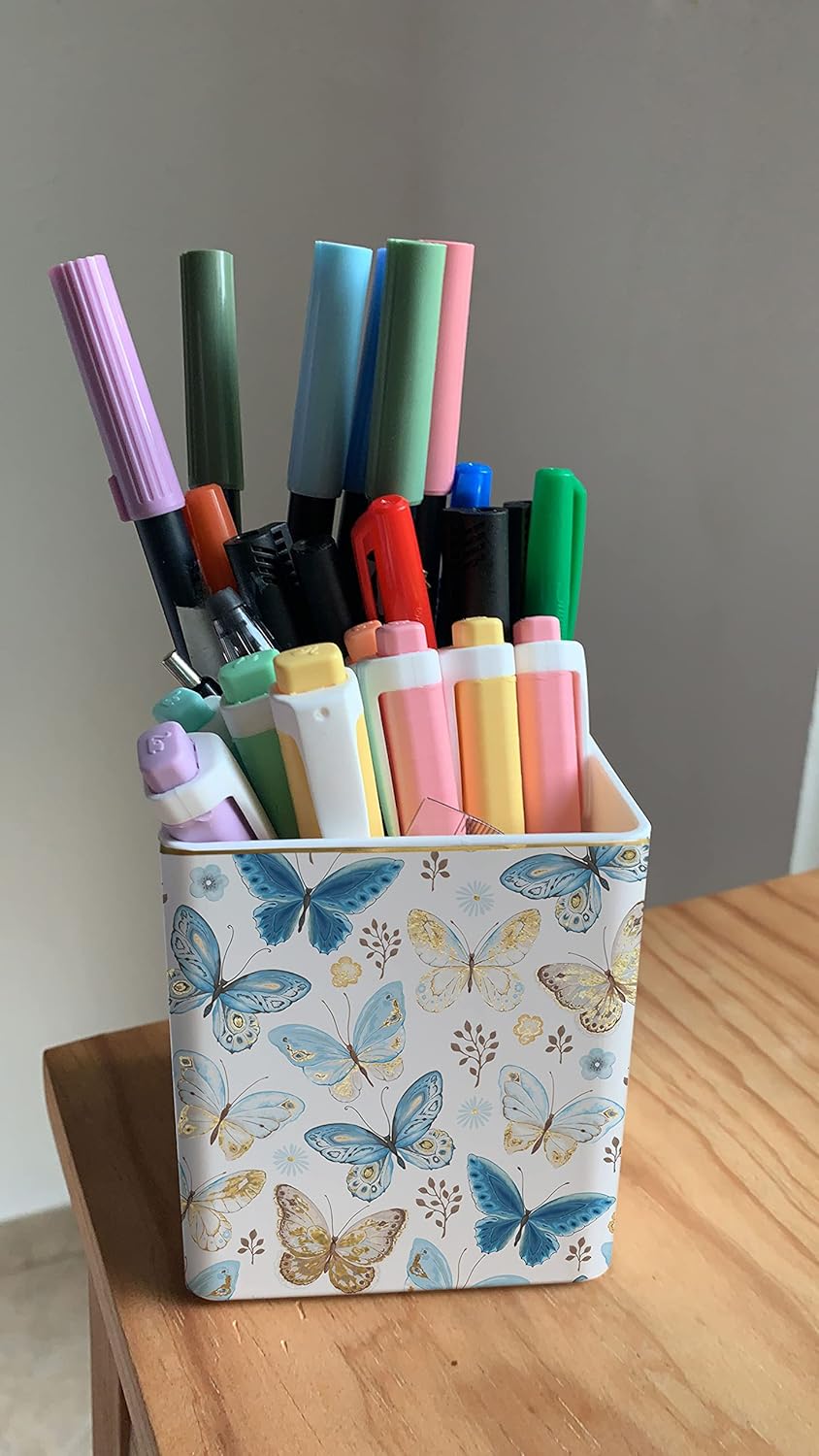 Pen Pencil Holder, Makeup Brush Holder,Ceramic Remote Control Holders Organizer with 2 Compartment Floral Multi-functional Office Organizers Storage Caddy Desk Tv Remote Holders Shiny Butterfly
