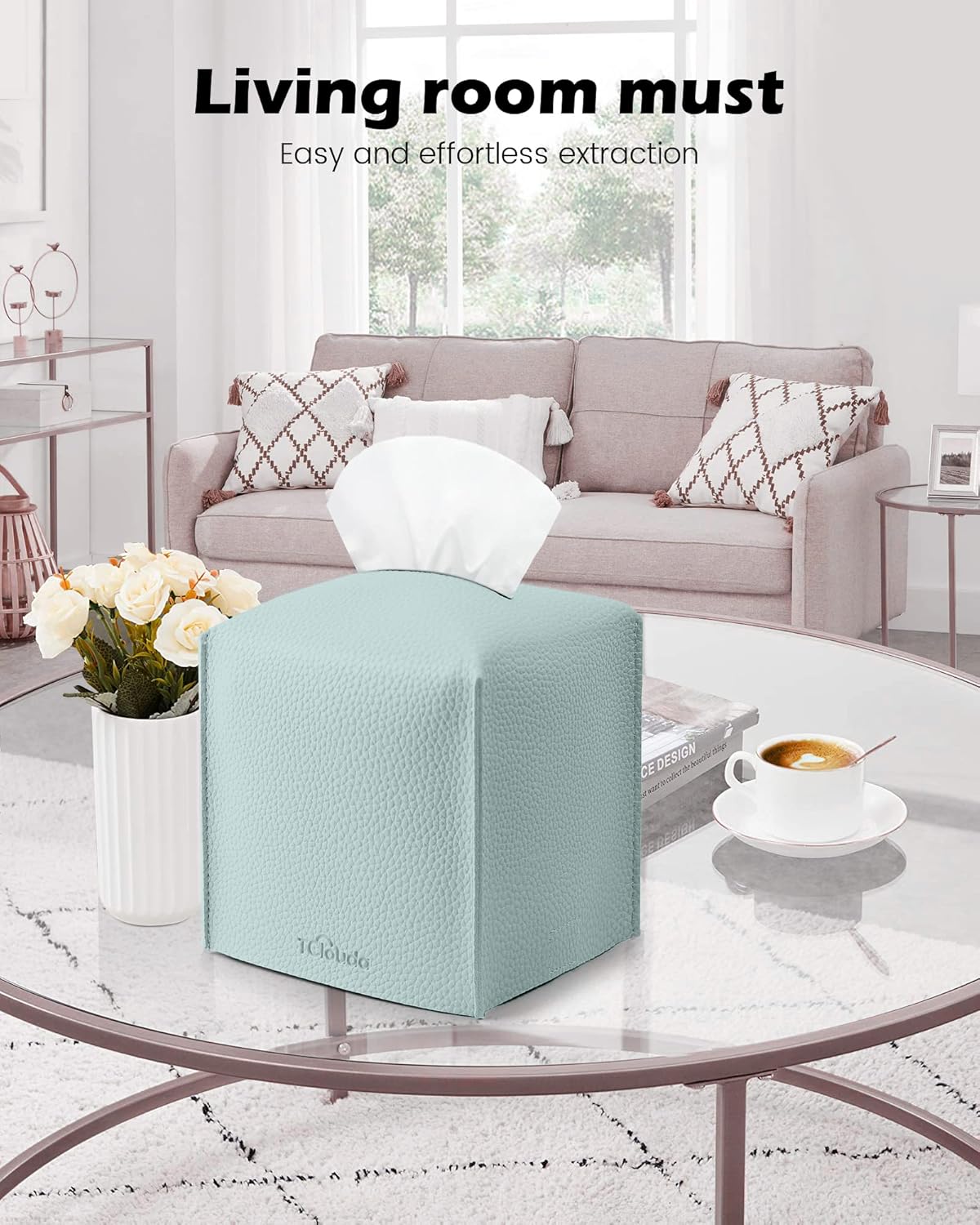 Tissue Box Cover for PU Leather, Modern Simple Solid Color Holder Square Tissue Bag, Ideal for Bathrooms,Office,Car,Outdoor Tent,Dining Table,5"X5"X5", Single Sky Blue