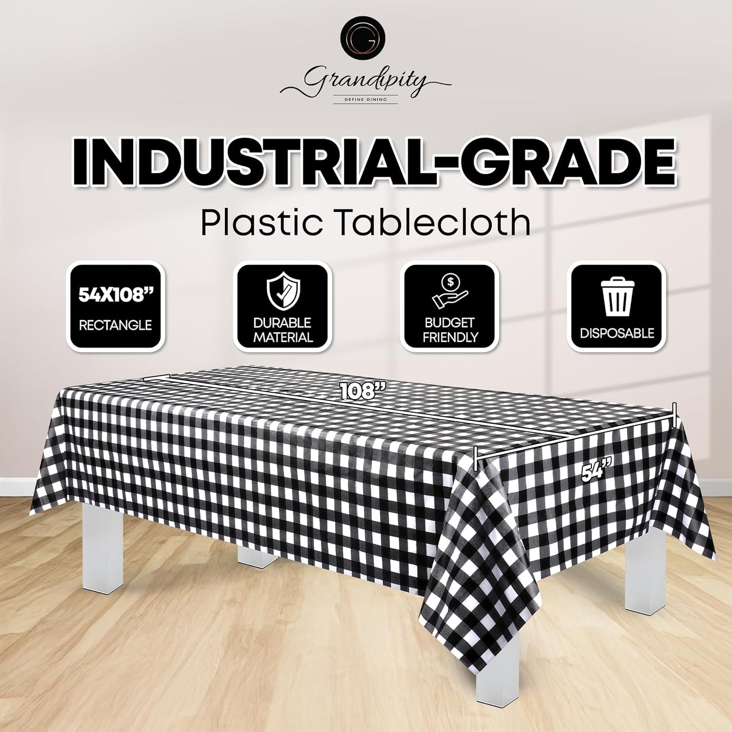Grandipity 12 Pack Premium Disposable Plastic Tablecloth 54 Inch. x 108 Inch. Decorative Rectangle Checkered Table Cover - Black Checkered Gingham