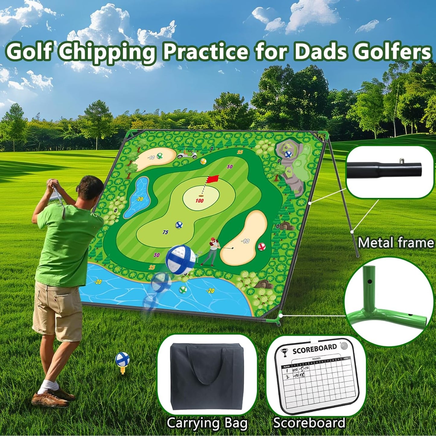 Large Golf Chipping Game, 5.9x5.9 FT Portable Sticky Golf Game for Adults, Outdoor Indoor Golf Chipping Practice with 2 Adjustable Club, 20 Sticky Balls, Carry Bags