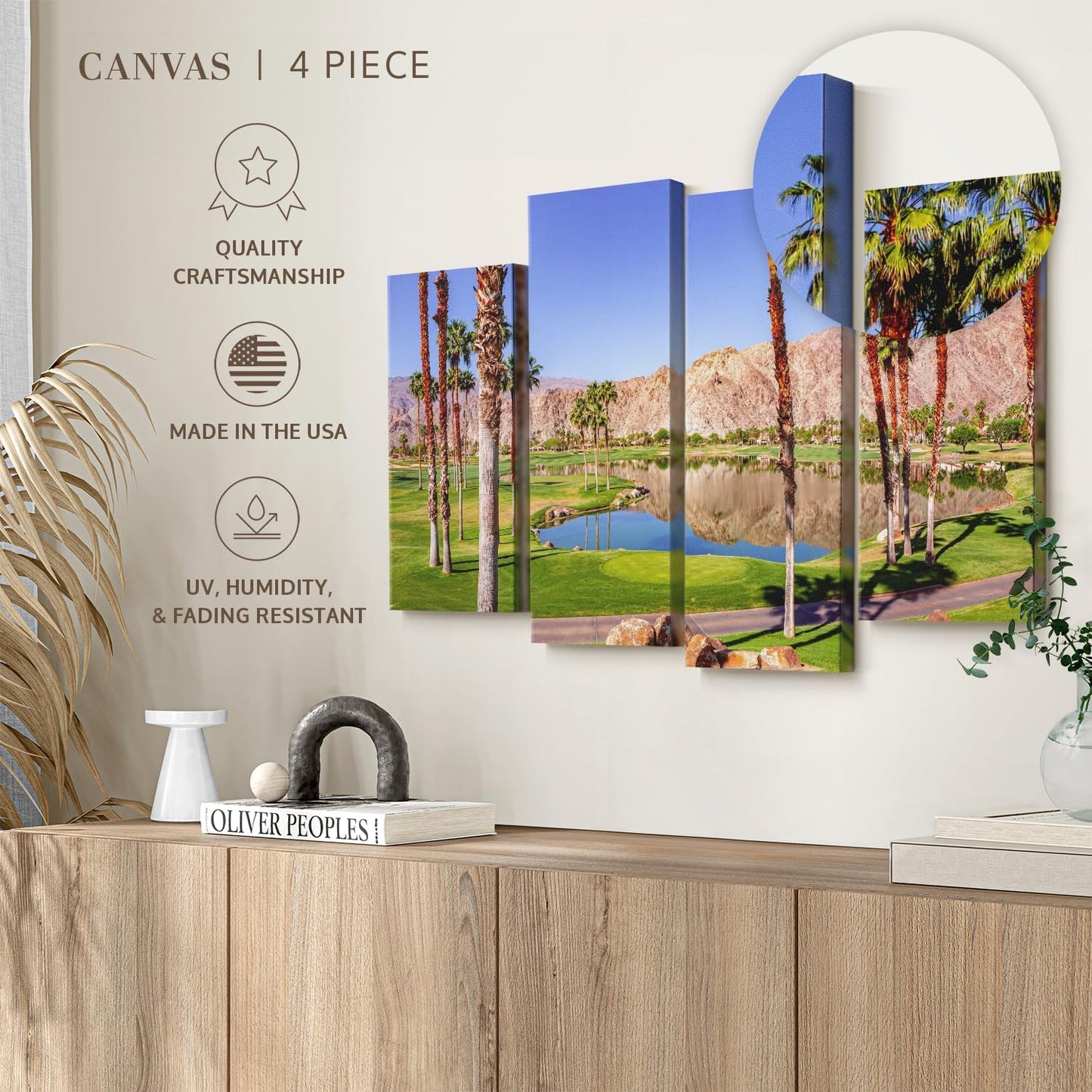Elephant Stock La Quinta Golf Course Wall Art - Horizontal Canvas - 4-Piece Living Room Wall Decor - Photography Sports Canvas Print - Beige and Brown Decor for Wall - 68" X 42"