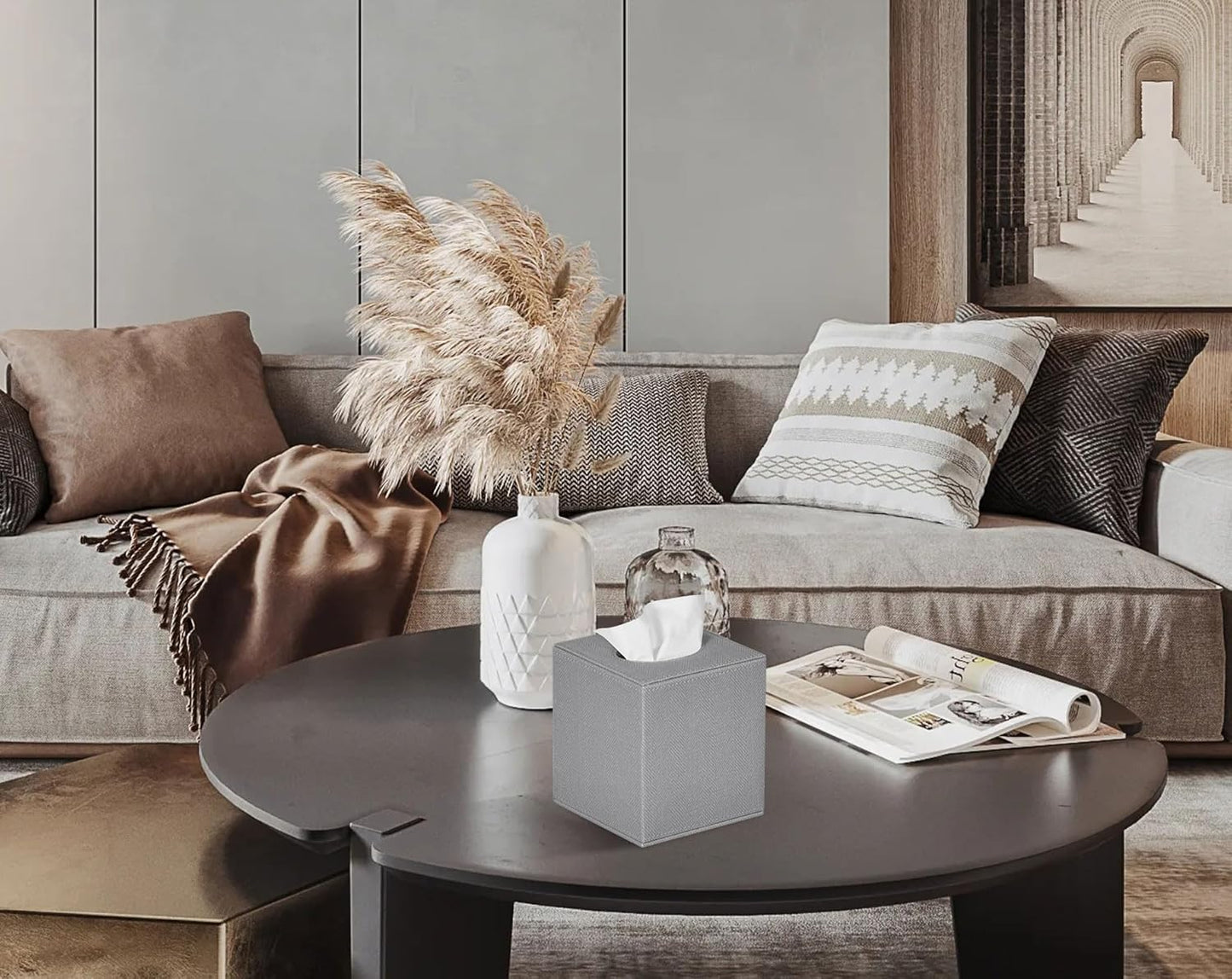 Tissue Box Cover Square Tissue Box Holder for Bathroom (Grey)