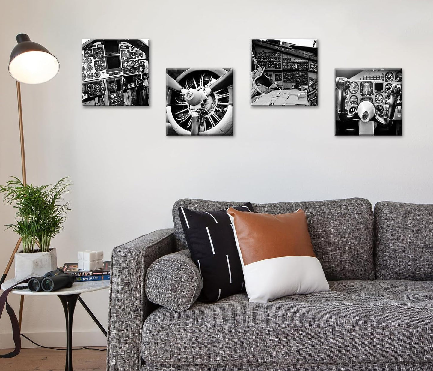 DJSYLIFE Vintage Airplane Wall Art - 4-Panel Black and White Canvas Print Poster, Propeller Plane Close-Up Decor for Office, Bedroom, Man Cave, Modern Home Decor, Ready to Hang 12"x12"x4