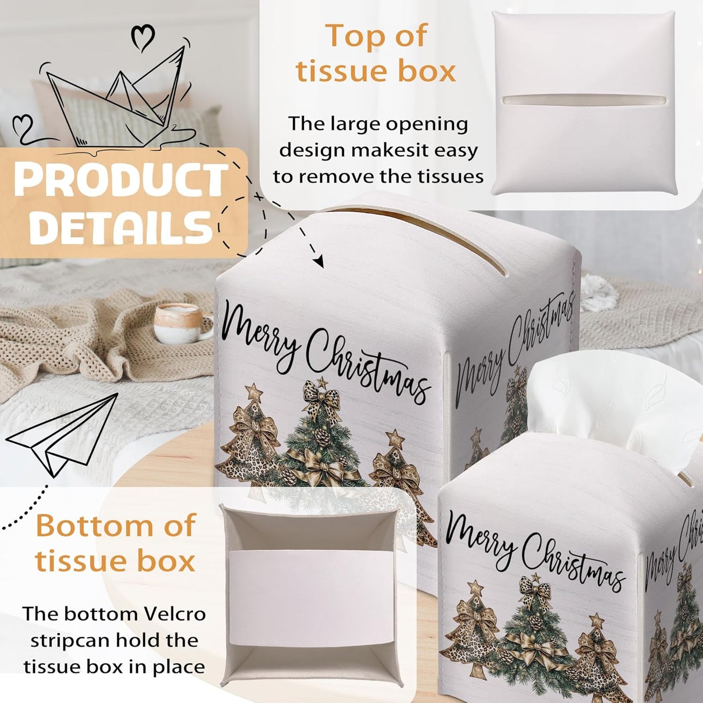 Merry Christmas Tissue Box Holder, Leopard Print Christmas Tree Leather Tissue Box Cover Square, Paper Facial Decorative Tissues Cover for Night Stands Bathroom Kitchen Office Home Decor-B31