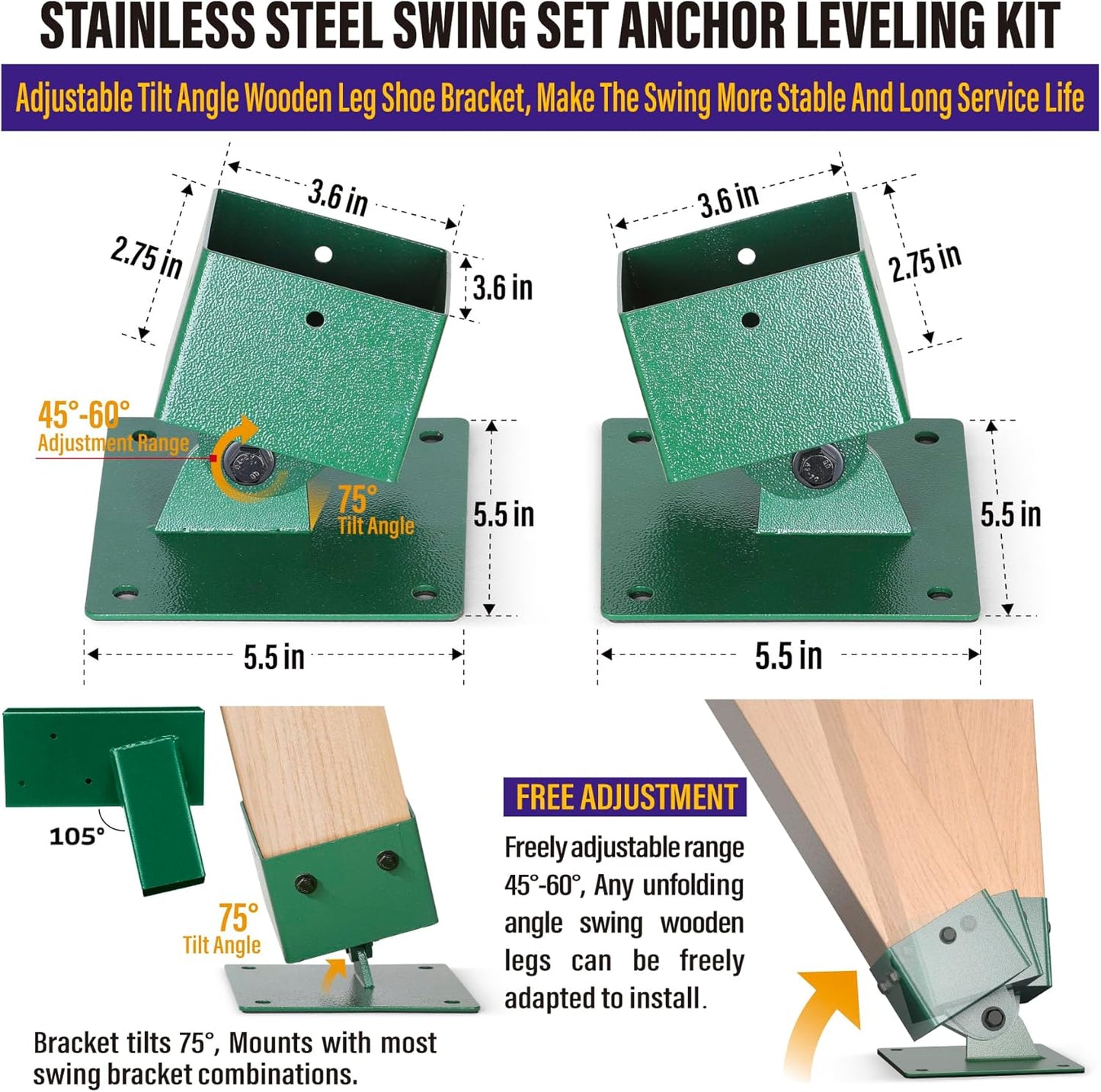 Hulave 201 Stainless Steel Swing Set Anchor Leveling Kit, Swing Set Leveling Base Bracket, Fits 4 x 4 (Actual Size 3.5" x 3.5") Wood Legs, Avoids Moisture to Protect Wooden Legs (4pack - Green)