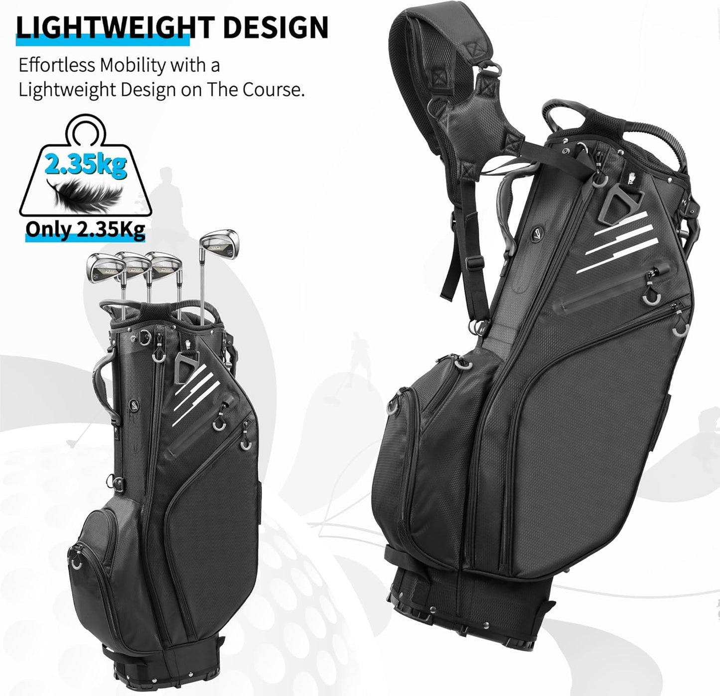 Golf Stand Bag 14 Way Full-Length Dividers with Stand, Lightweight Waterproof Golf Bag, 8 Pockets, Cooler Pouch,Golf Club Bag for Men, Dual Strap, Rain Hood, Black