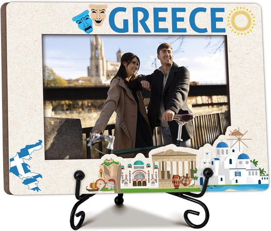 Greece Travel Picture Frame, 5 x 8 Greece Themed Wooden Photo Frame with Stand, Vacation Anniversary Honeymoon Gifts For Friend Family Couples, Home Office Desk Decorations-A15