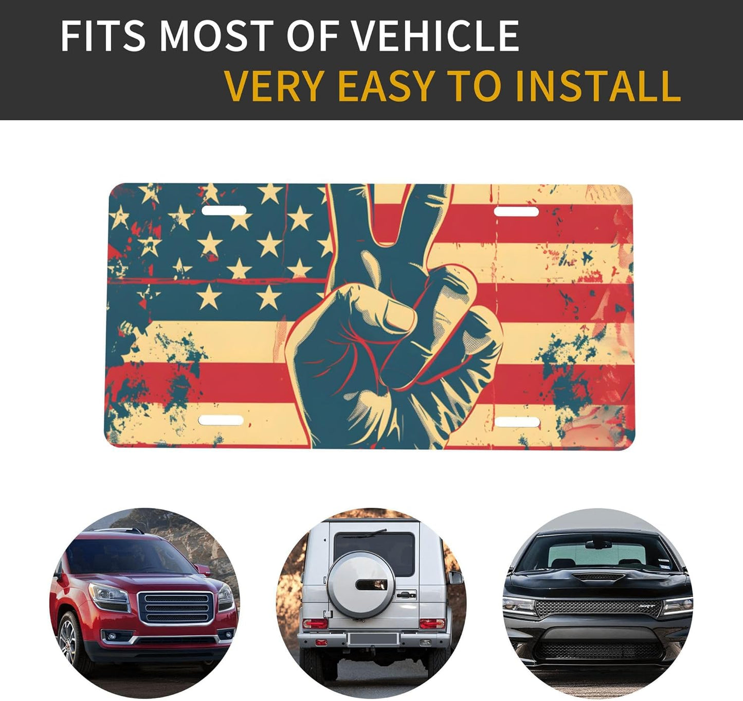 American Flag Peace Sign Front License Plate for Car Designs Stainless License Plate Cover Holder for Men Women Metal Aluminum Decorative Accessory Vanity Tag Standard 6 X 12 Inch (4 Holes)