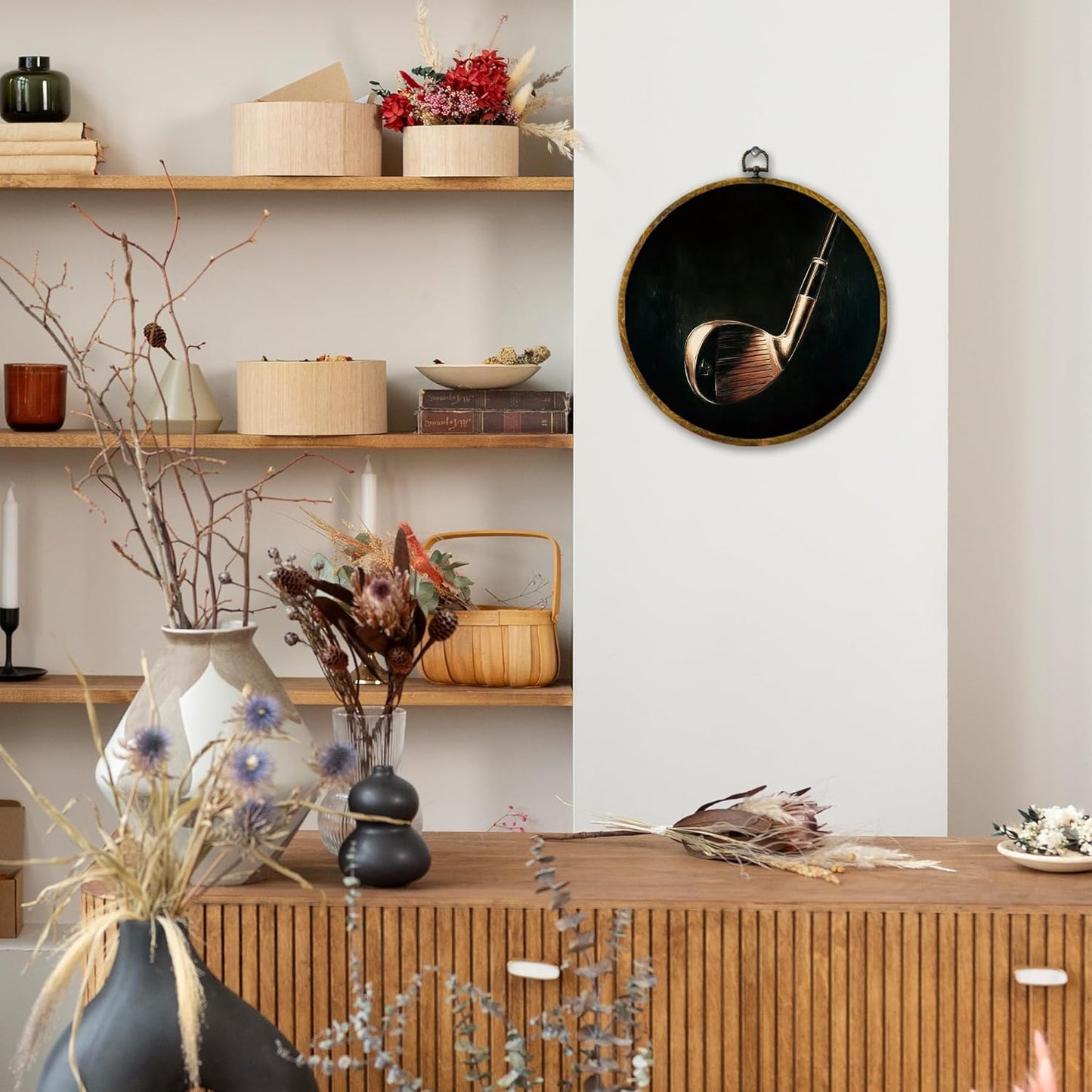 Vintage Golf Wall Art Decor, Golf Lover Gifts Framed Canvas Prints 10x10, Rustic Retro Classic Black Gold Golfing Pole Round Wall Hanging Artwork Decorations for Home Bedroom Gym Man Cave