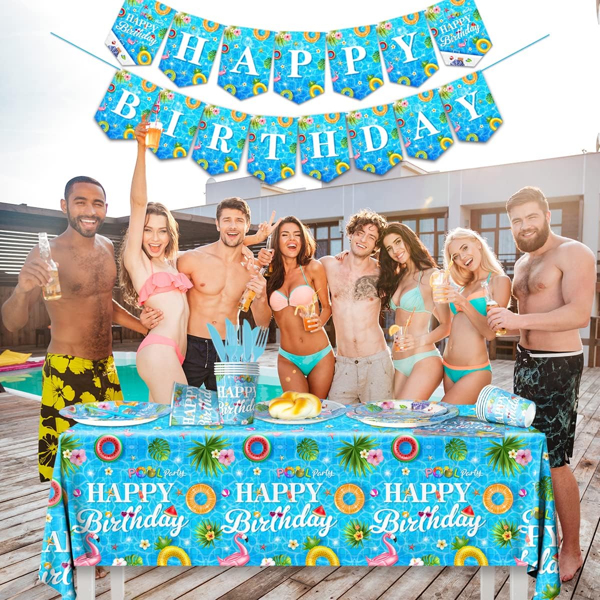 142 Pieces Pool Birthday Party Supplies - Summer Pool Tableware Set Plate,Cups,Tablecloth for Summer Pool Birthday Party, Hawaii Holiday Decorations