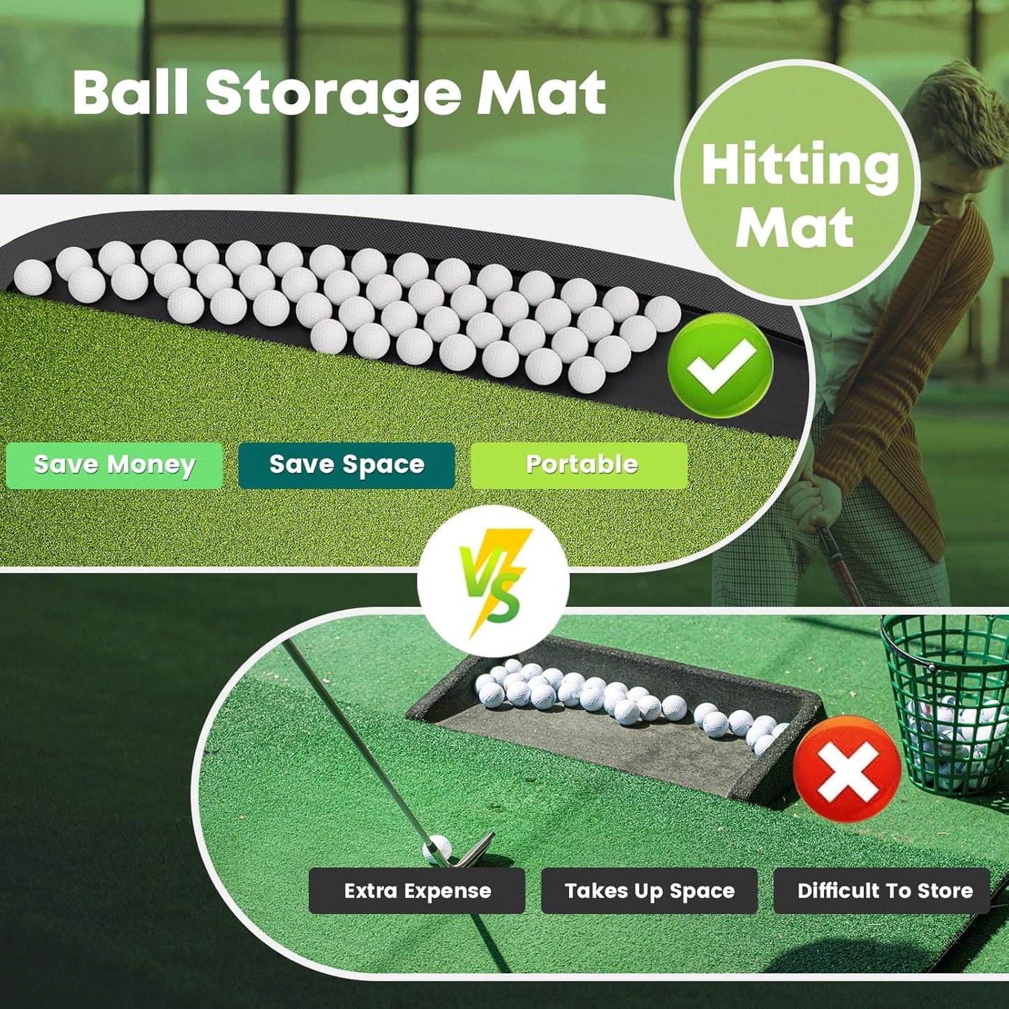 Integrated Golf Hitting Mat with Curved Ball Tray 5x4ft 6x4ft 26mm 31mm Thickening Golf Practice Mats Indoor & Outdoor, Durable Golf Turf Matt with 3 Tees for Hitting Chipping Striking, Swinging