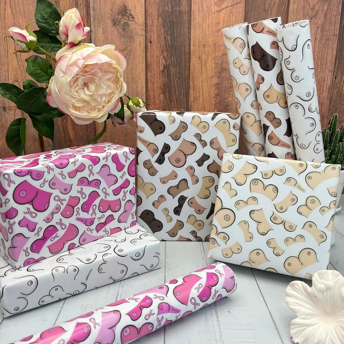 Dtiafu Bridal Shower Wrapping Paper for Women Girlfriend - 8 Sheet Funny Wrapping Paper with Pink Boob Print for Wedding Valentines Day Holiday Bachelorette Party- 20 x 28 Inch Per Sheet