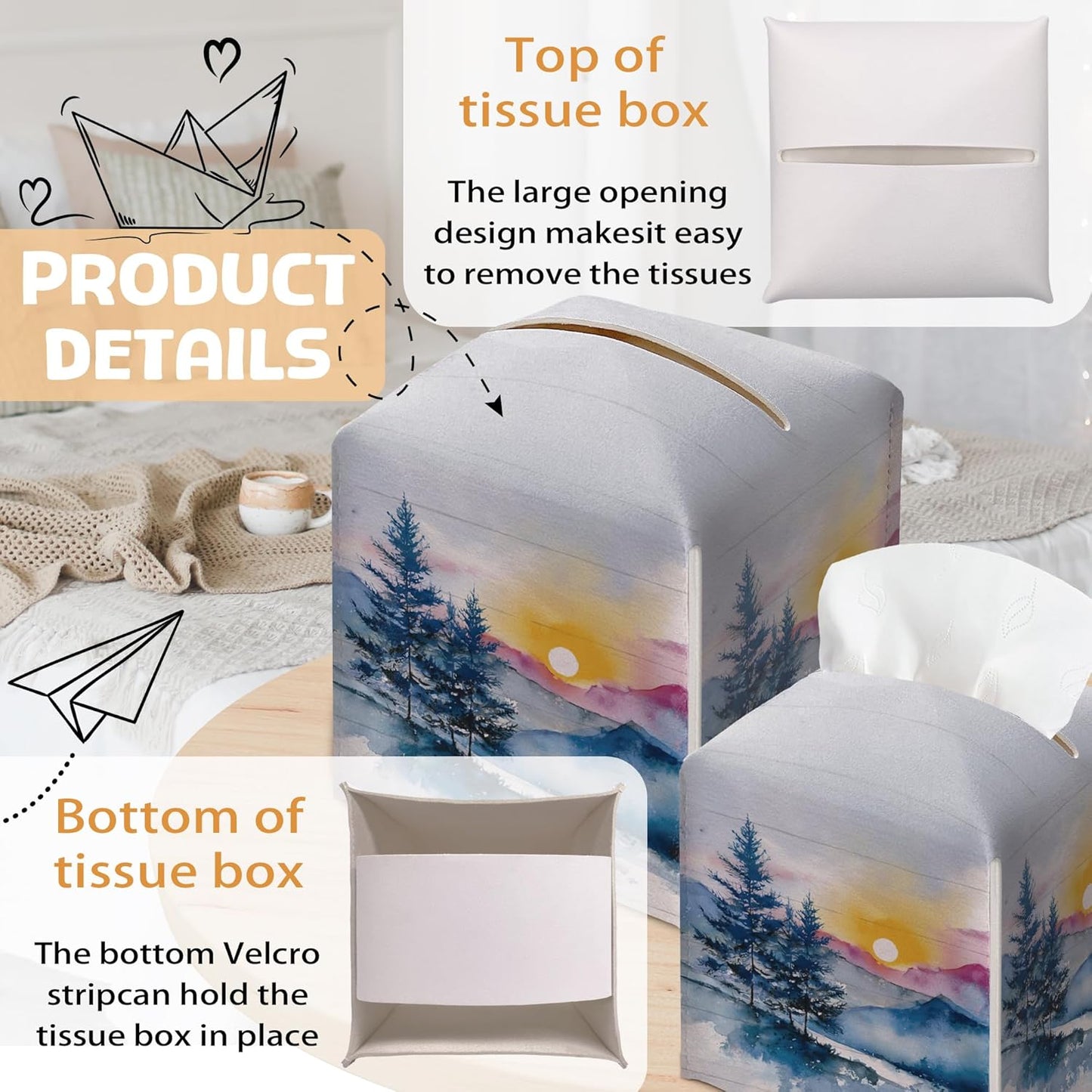 Winter Pine Tree Tissue Box Holder, Winter Forest Landscape Leather Tissue Box Cover Square, Paper Facial Decorative Tissues Cover for Night Stands Bathroom Kitchen Office Home Decor-B22