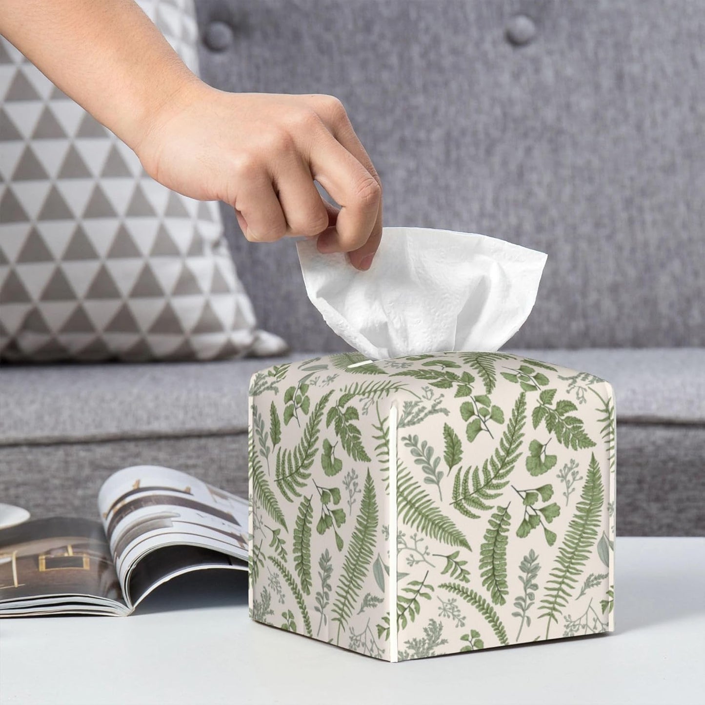 Tissue Box Holder Leaves and Herbs Tissue Box Cover Square Leather Tissue Holder Organizer Portable Decorative Facial Paper Case for Home Office Bathroom Vanity Countertop